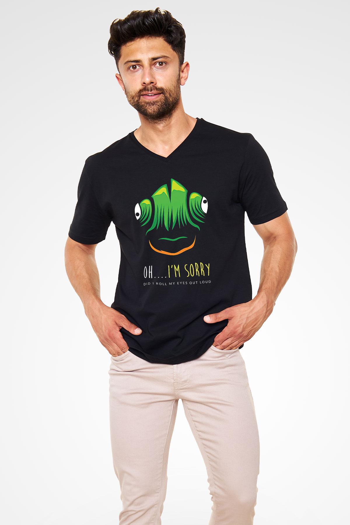 İguana Baskılı Unisex Siyah V Yaka Tişört - Tshirt