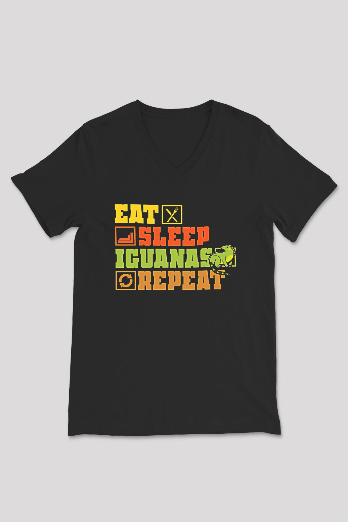 İguana Baskılı Unisex Siyah V Yaka Tişört - Tshirt