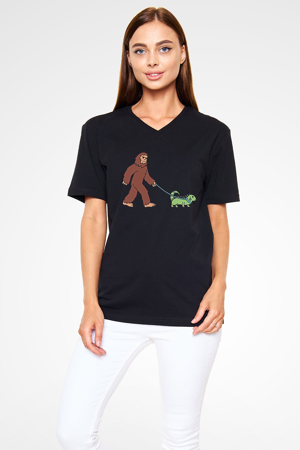 İguana Baskılı Unisex Siyah V Yaka Tişört - Tshirt