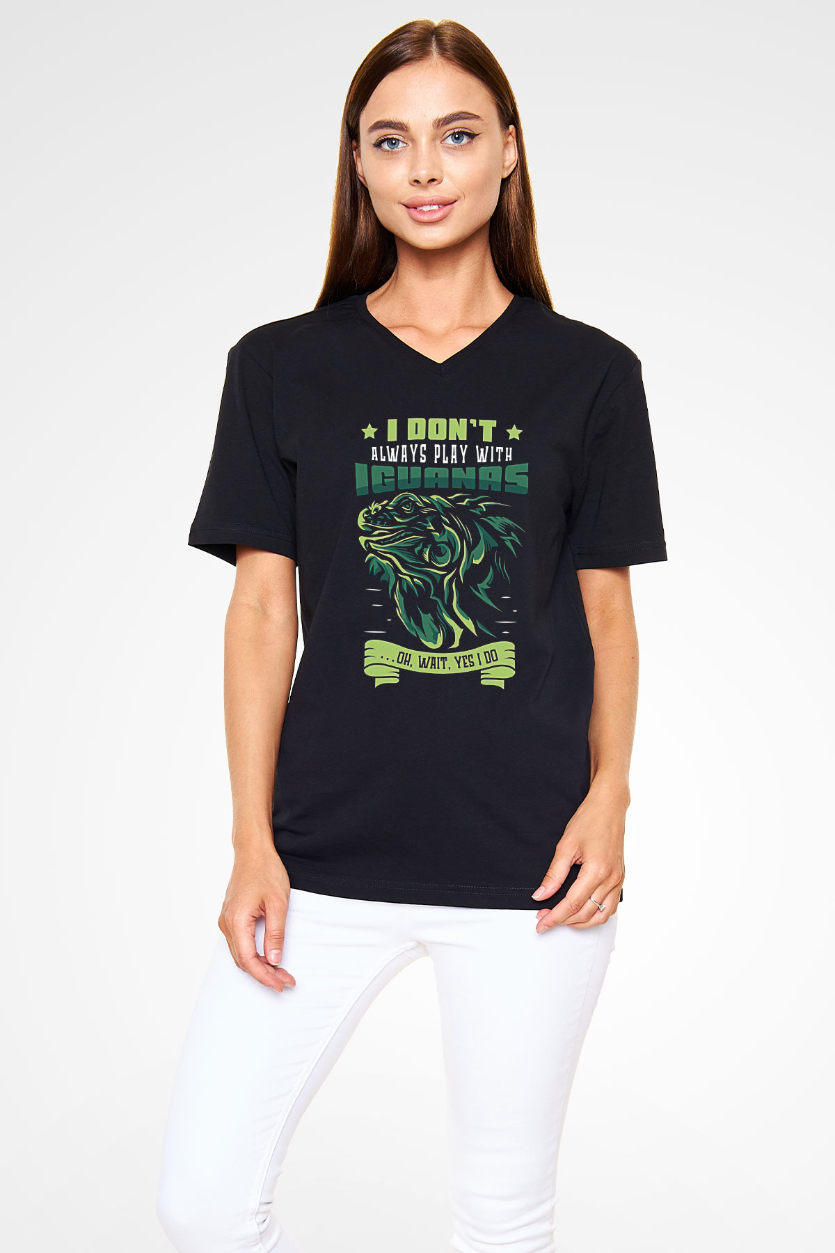 İguana Baskılı Unisex Siyah V Yaka Tişört - Tshirt