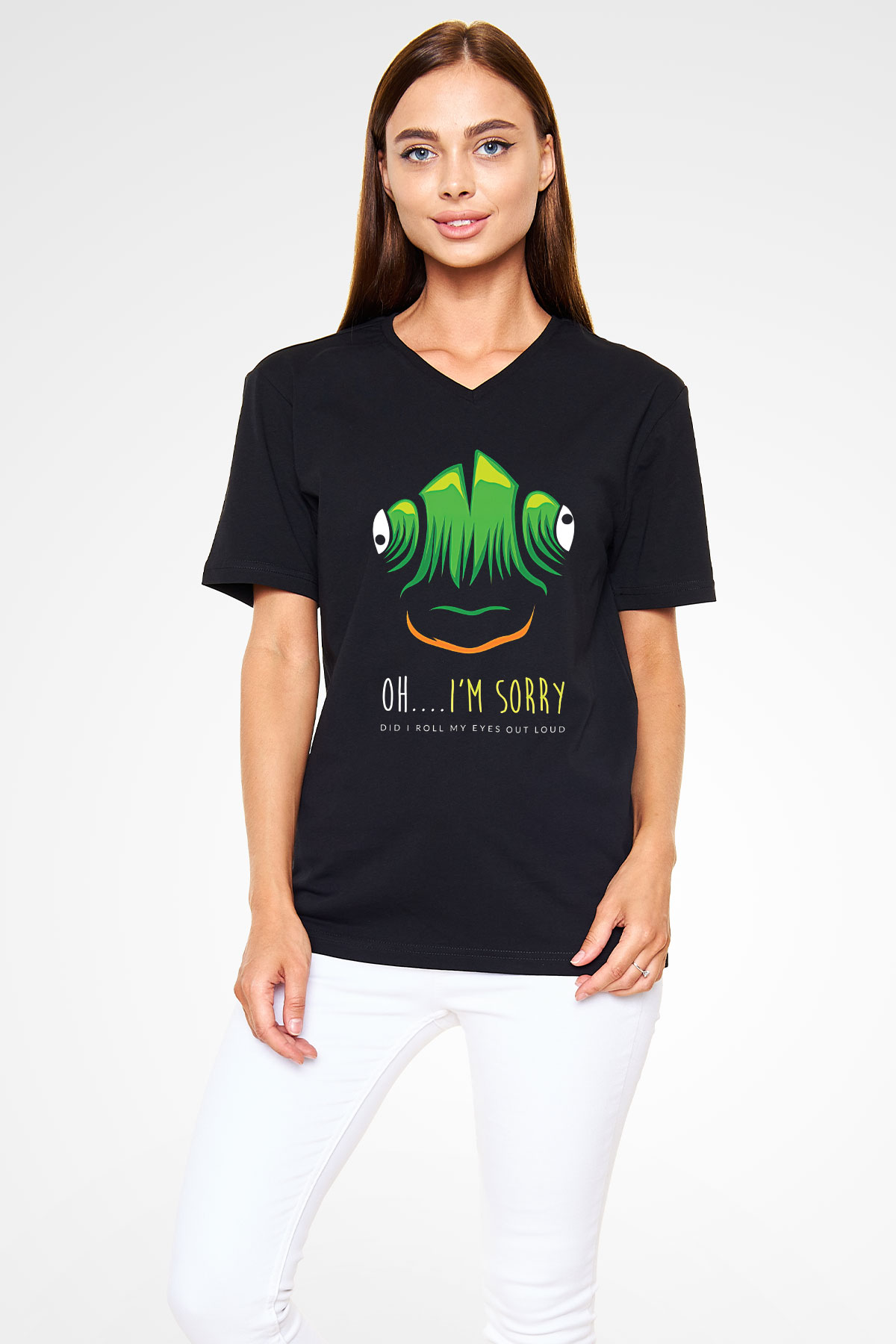 İguana Baskılı Unisex Siyah V Yaka Tişört - Tshirt