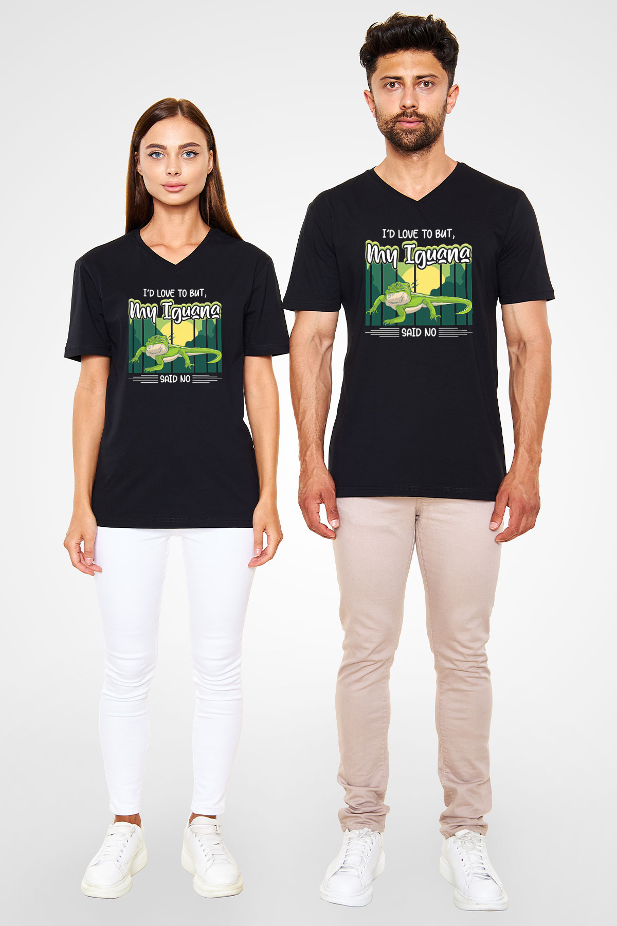 İguana Baskılı Unisex Siyah V Yaka Tişört - Tshirt