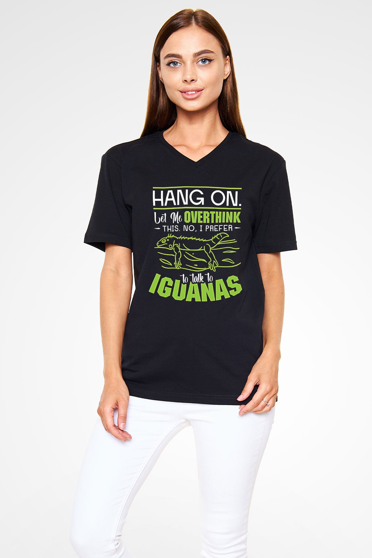 İguana Baskılı Unisex Siyah V Yaka Tişört - Tshirt