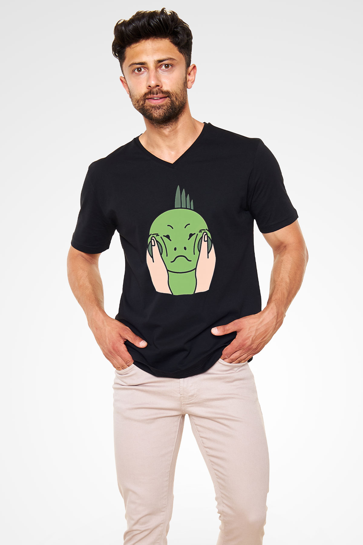 İguana Baskılı Unisex Siyah V Yaka Tişört - Tshirt