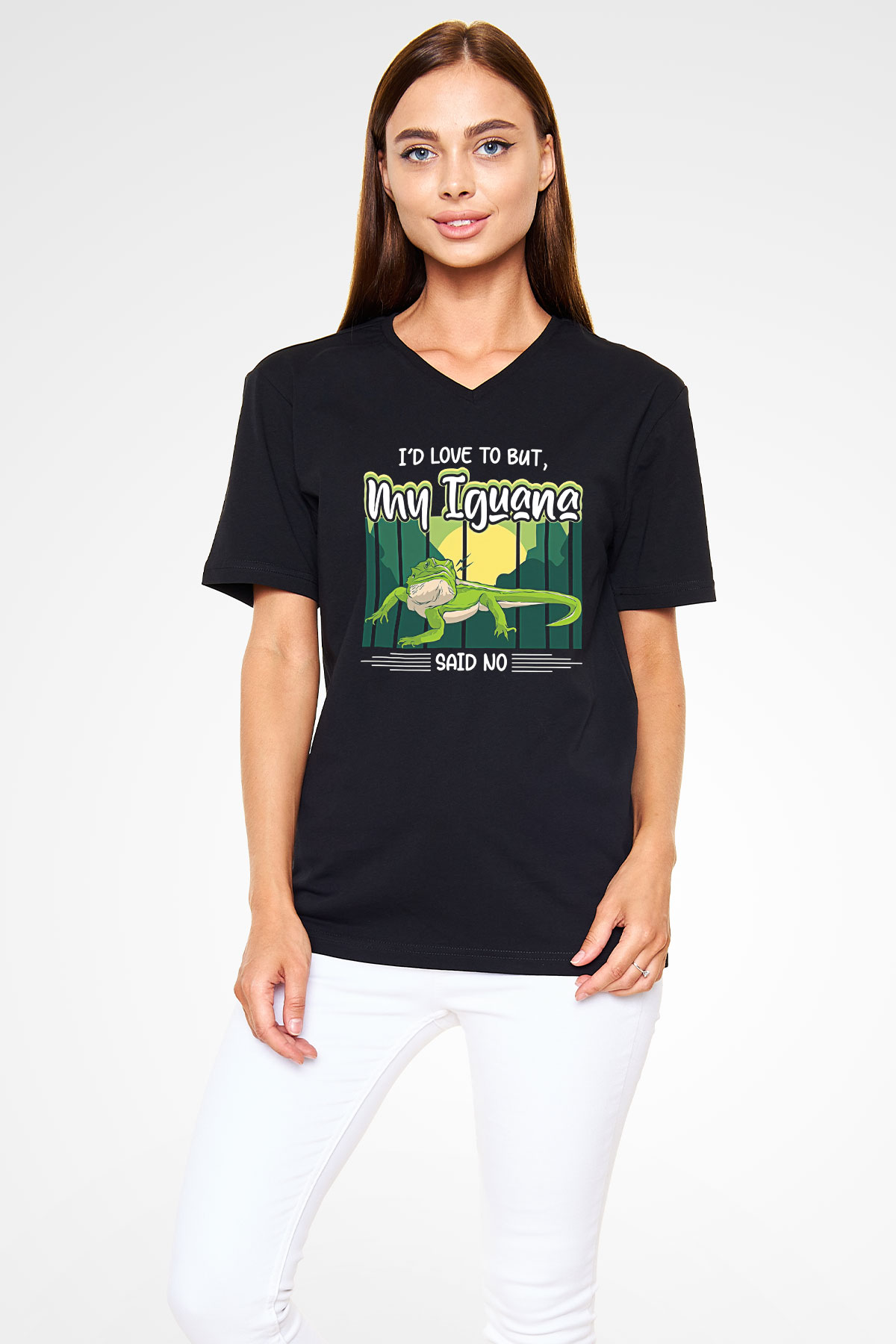 İguana Baskılı Unisex Siyah V Yaka Tişört - Tshirt