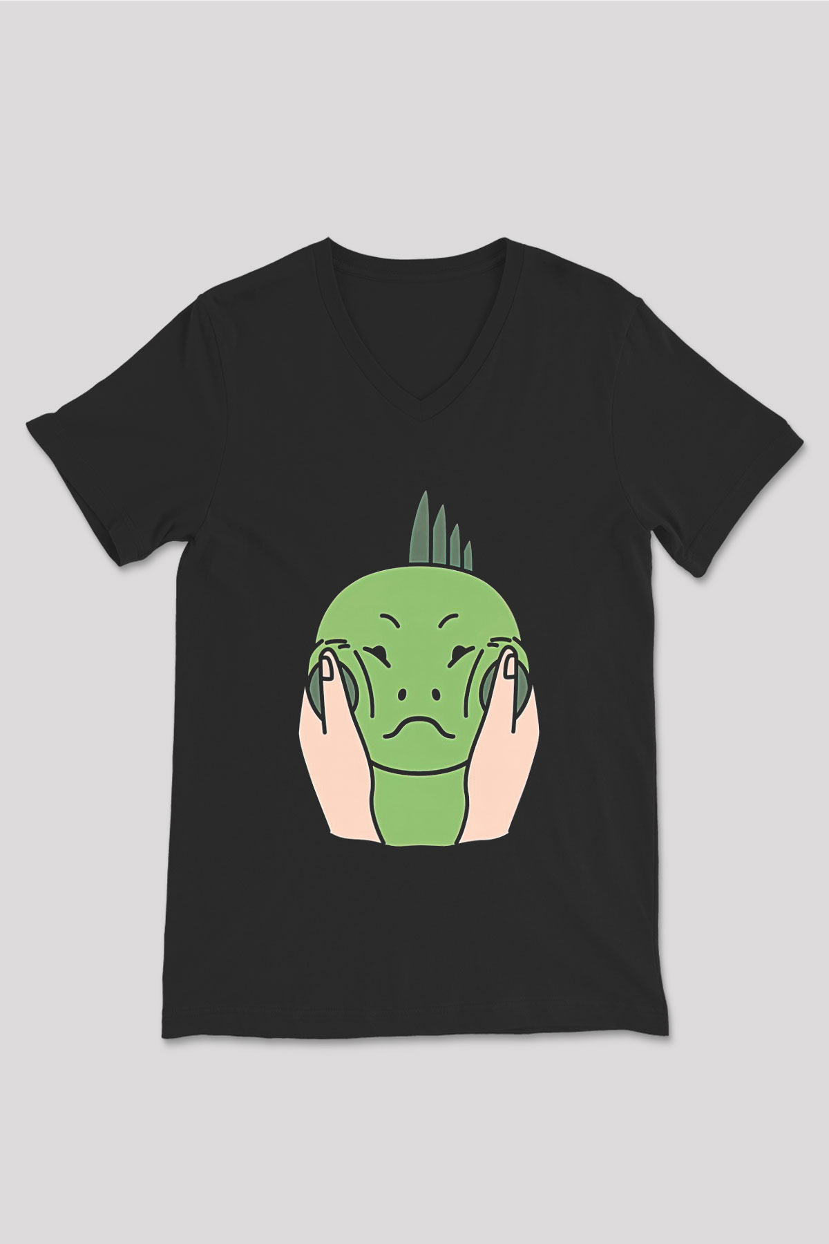 İguana Baskılı Unisex Siyah V Yaka Tişört - Tshirt