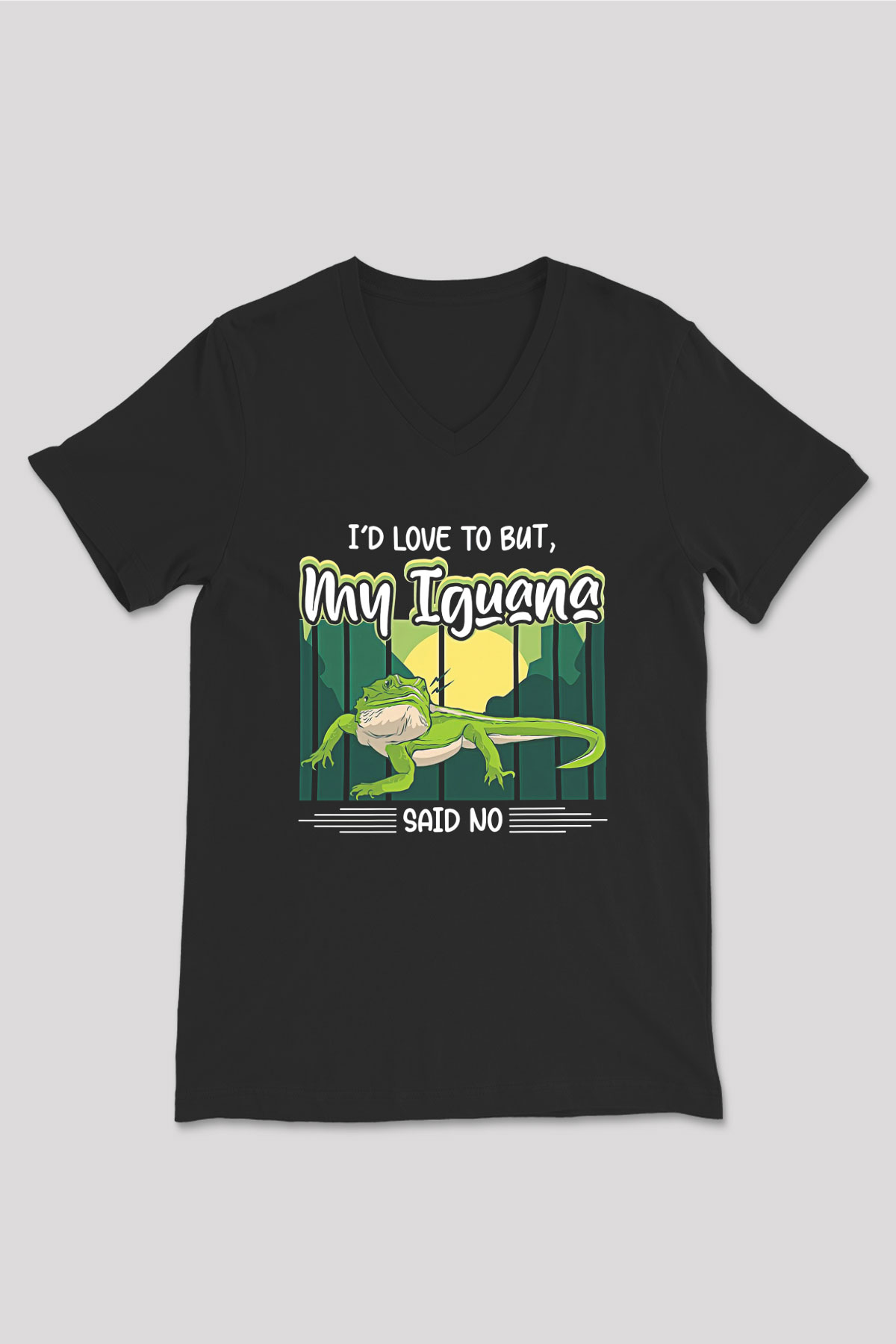 İguana Baskılı Unisex Siyah V Yaka Tişört - Tshirt