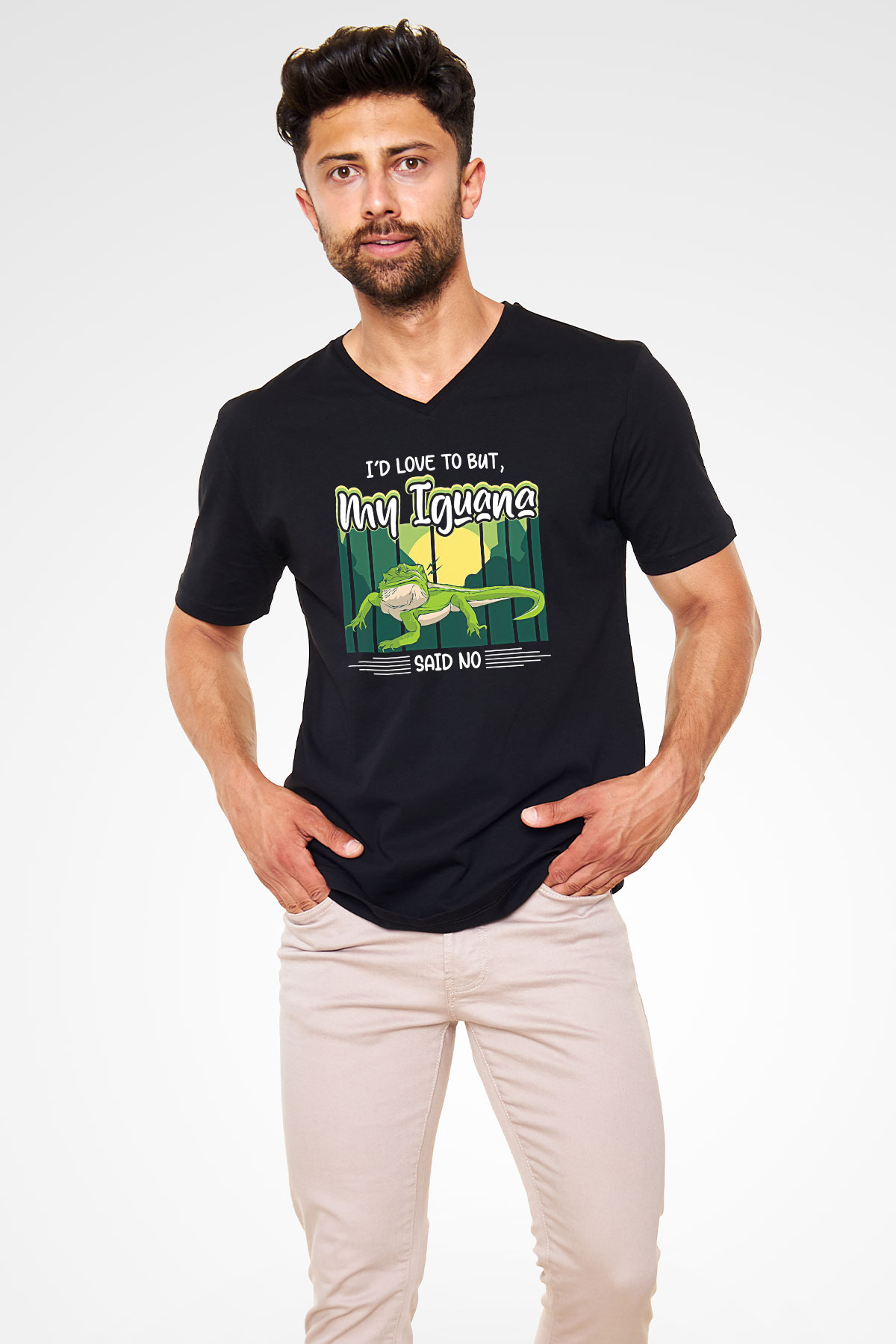 İguana Baskılı Unisex Siyah V Yaka Tişört - Tshirt