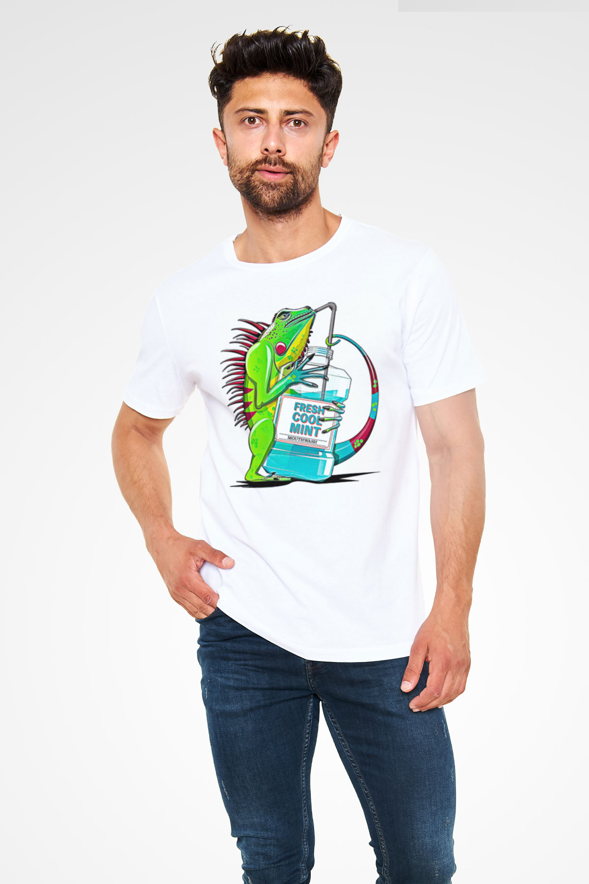 İguana Unisex Baskılı Beyaz Tişört - Tshirt