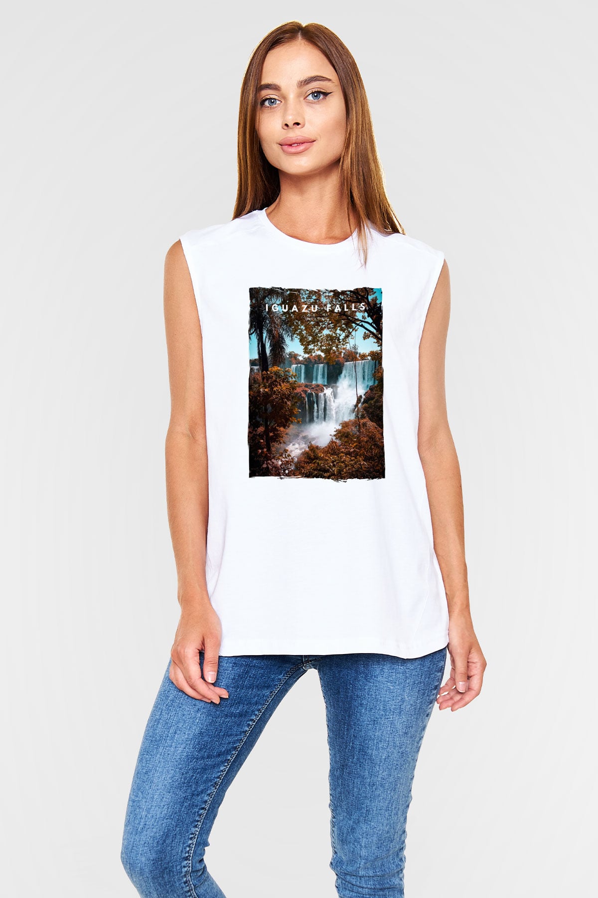Iguazu Şelalesi Beyaz Unisex Kolsuz Tişört