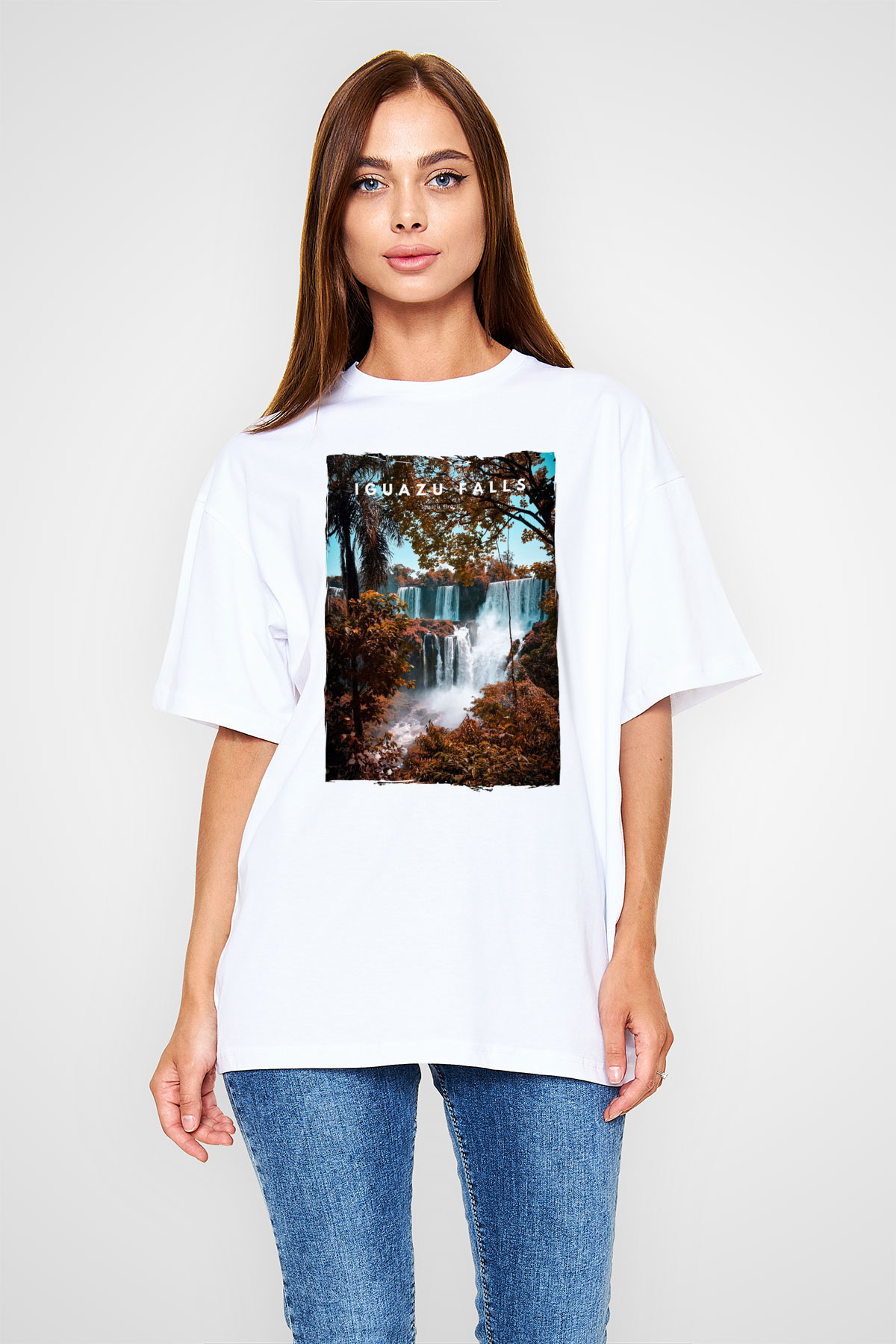 Iguazu Şelalesi Beyaz Oversize Tişört Oversize T-shirt - TişörtFabrikası