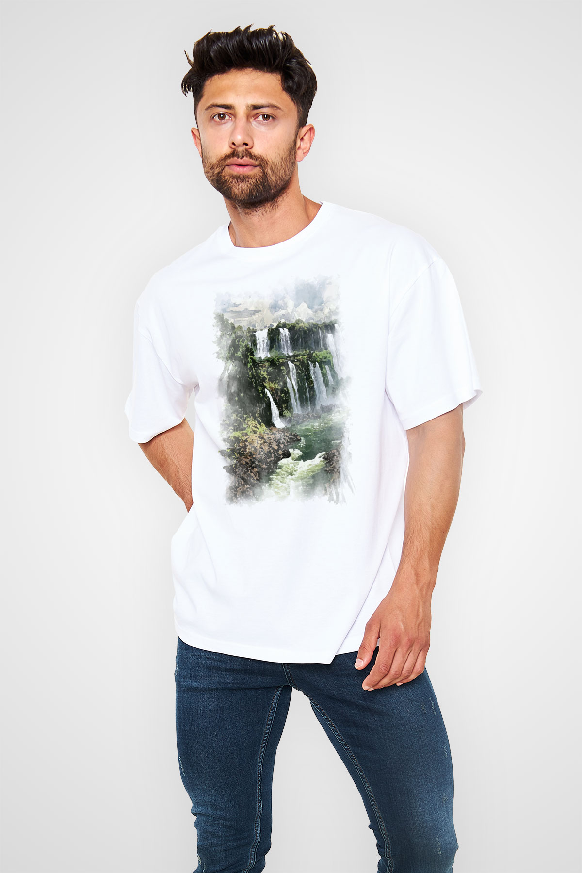 Iguazu Şelalesi Beyaz Oversize Tişört Oversize T-shirt - TişörtFabrikası