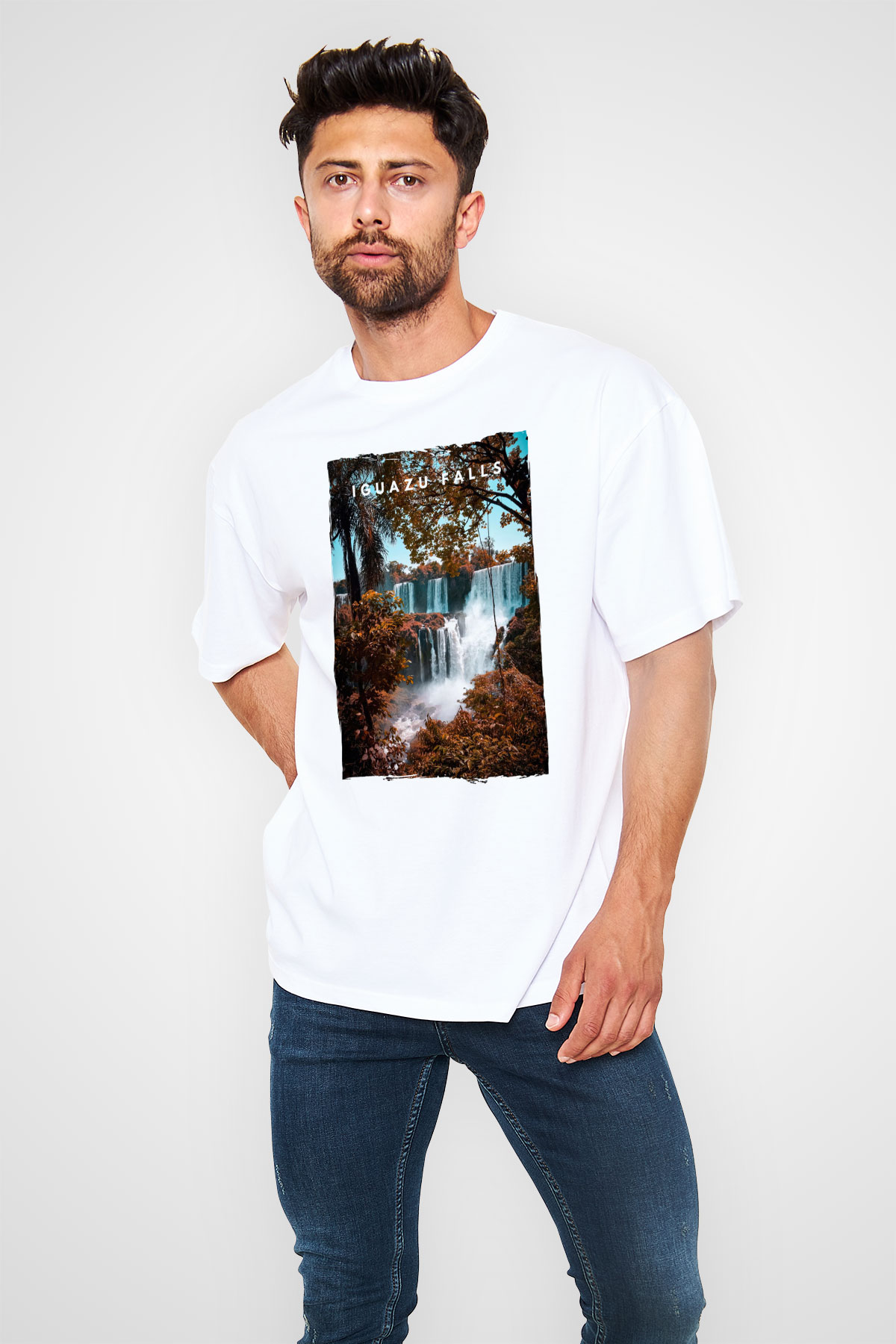 Iguazu Şelalesi Beyaz Oversize Tişört Oversize T-shirt - TişörtFabrikası