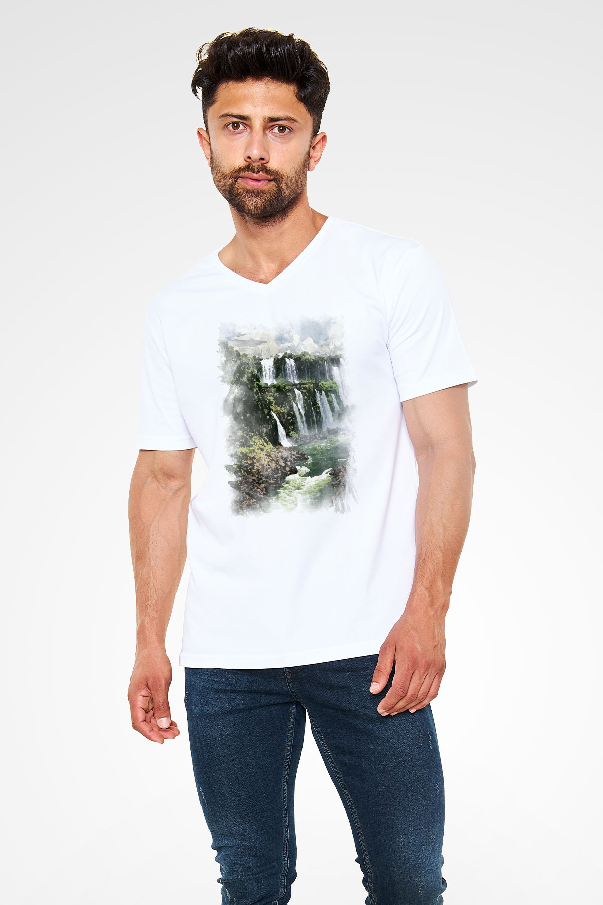 Iguazu Şelalesi Beyaz Unisex V Yaka Tişört