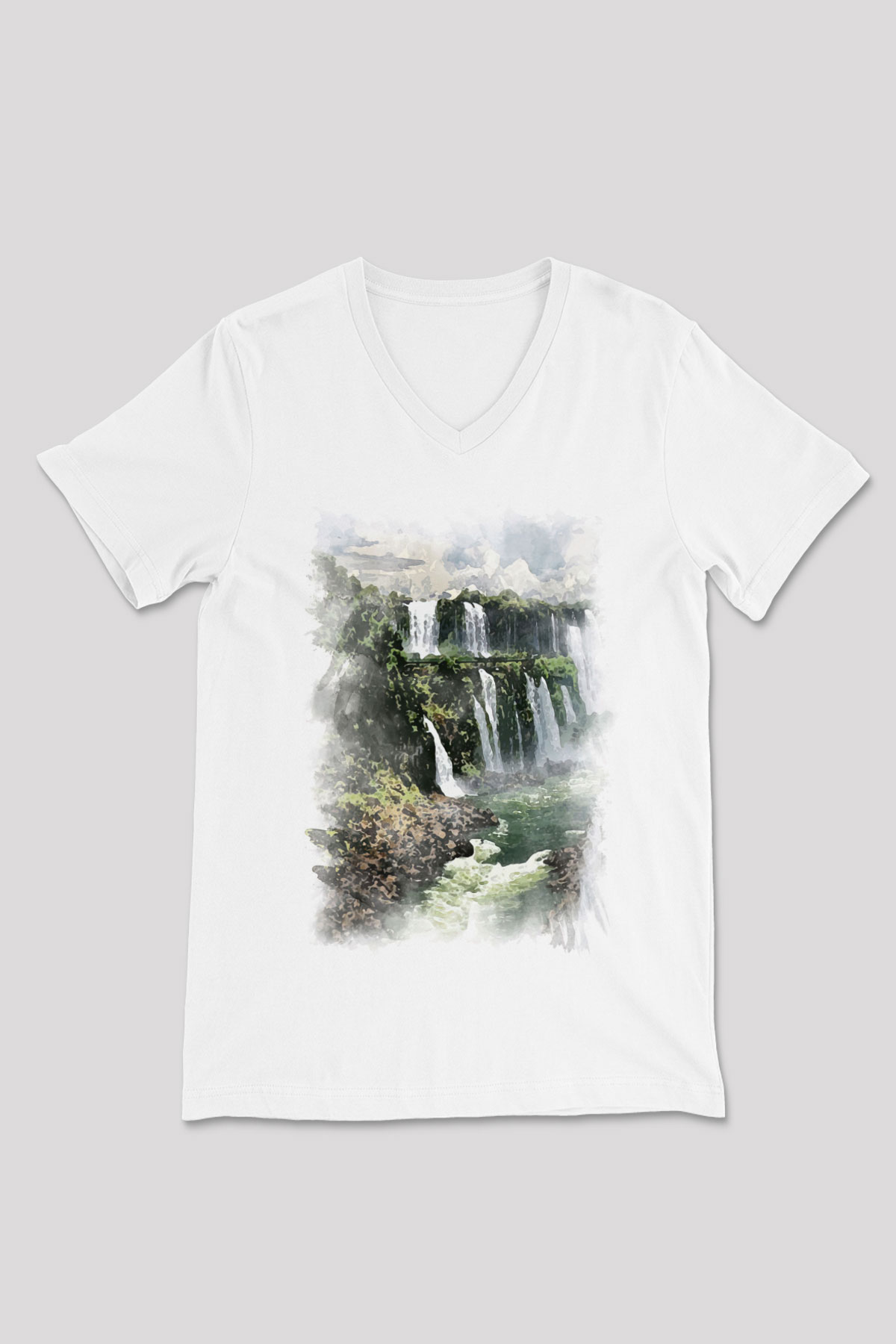 Iguazu Şelalesi Beyaz Unisex V Yaka Tişört
