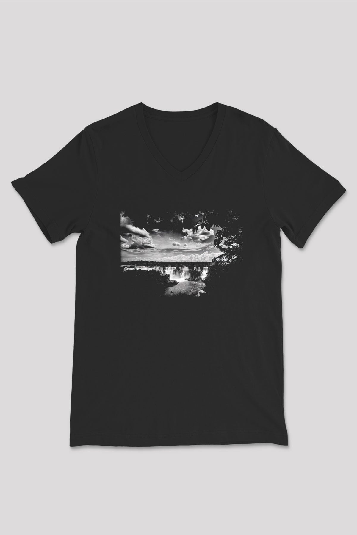 Iguazu Şelalesi Siyah Unisex V Yaka Tişört T-Shirt