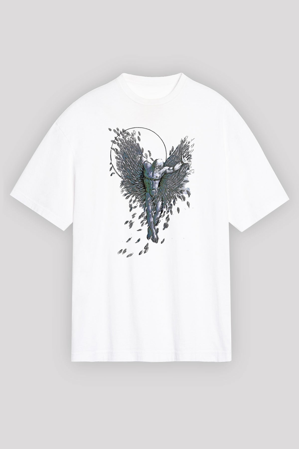 İkarus Baskılı Beyaz Unisex Oversize Tişört - Tshirt