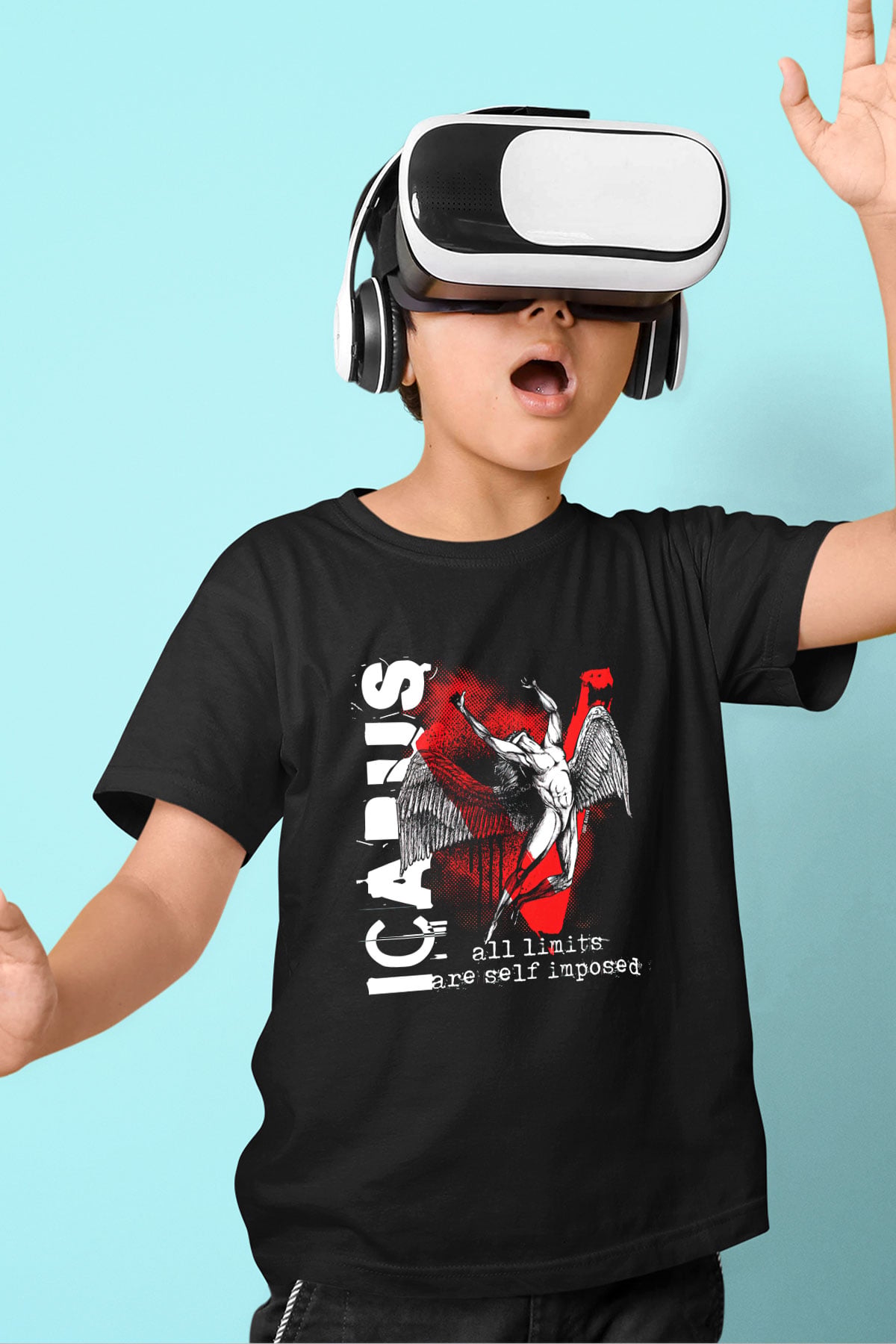 İkarus Baskılı Unisex Siyah Çocuk Tişört - Tshirt