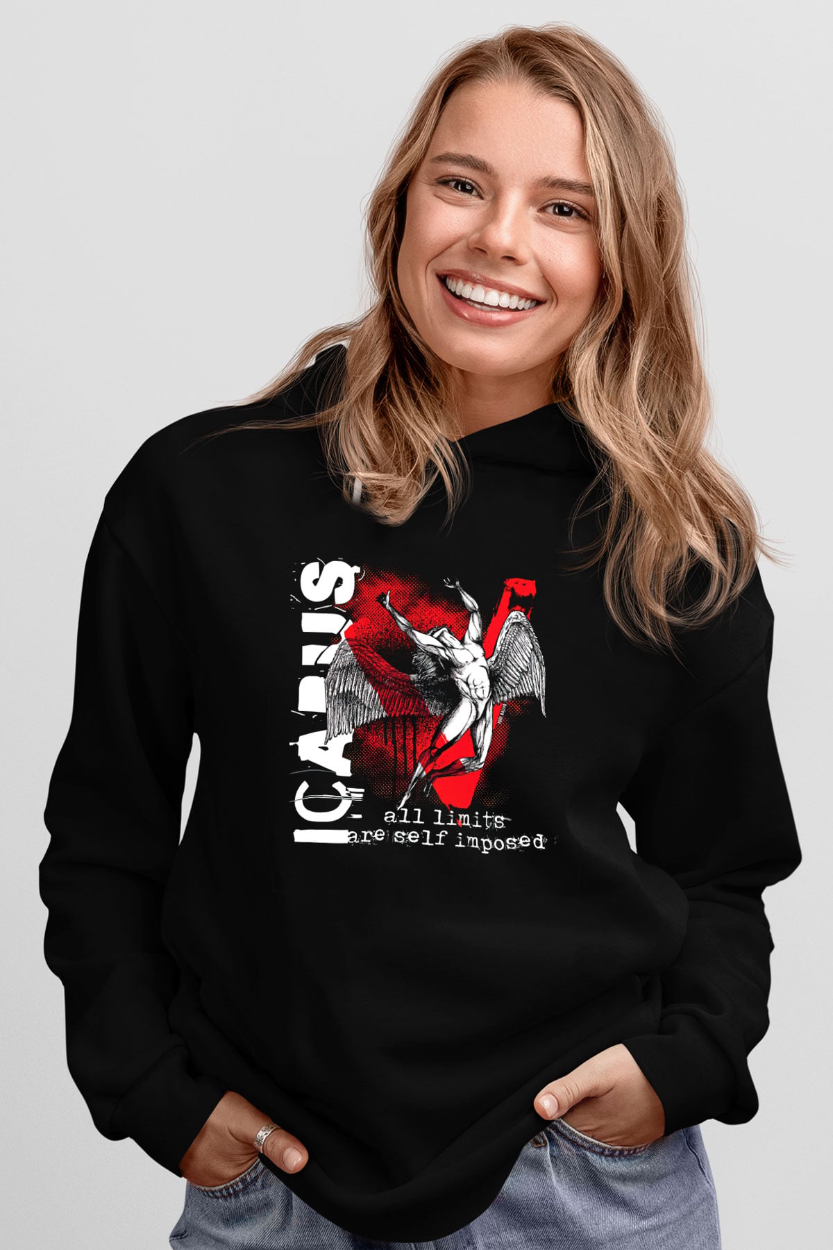İkarus Baskılı Unisex Siyah Hoodie