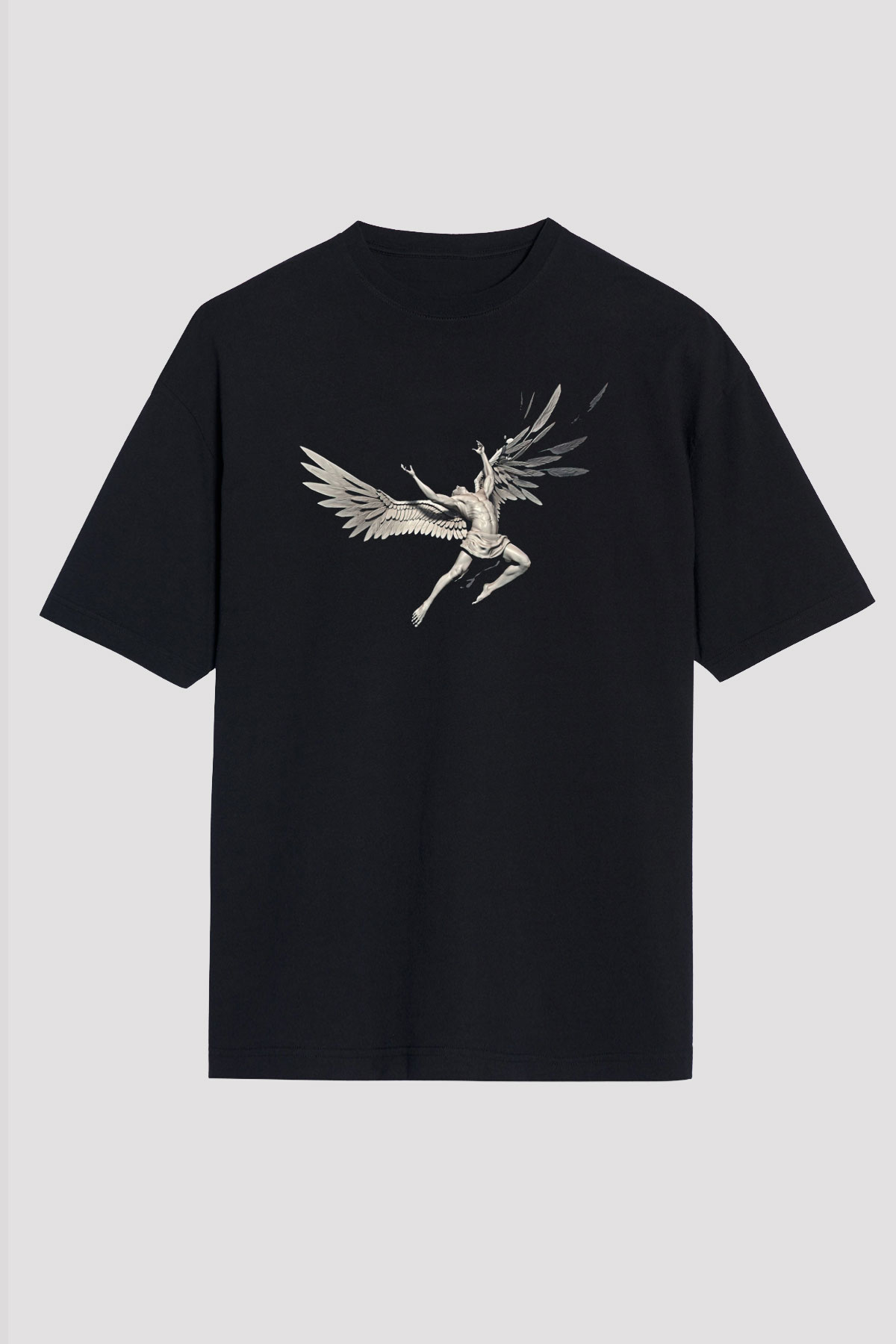 İkarus Baskılı Unisex Siyah Oversize Tişört - Tshirt