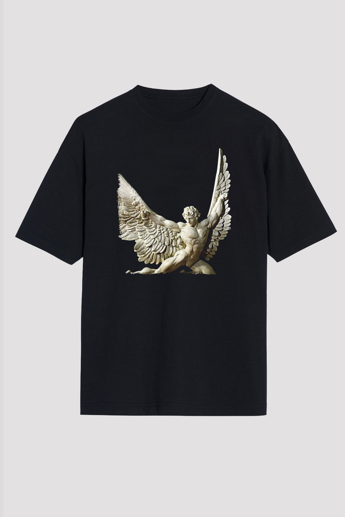 İkarus Baskılı Unisex Siyah Oversize Tişört - Tshirt