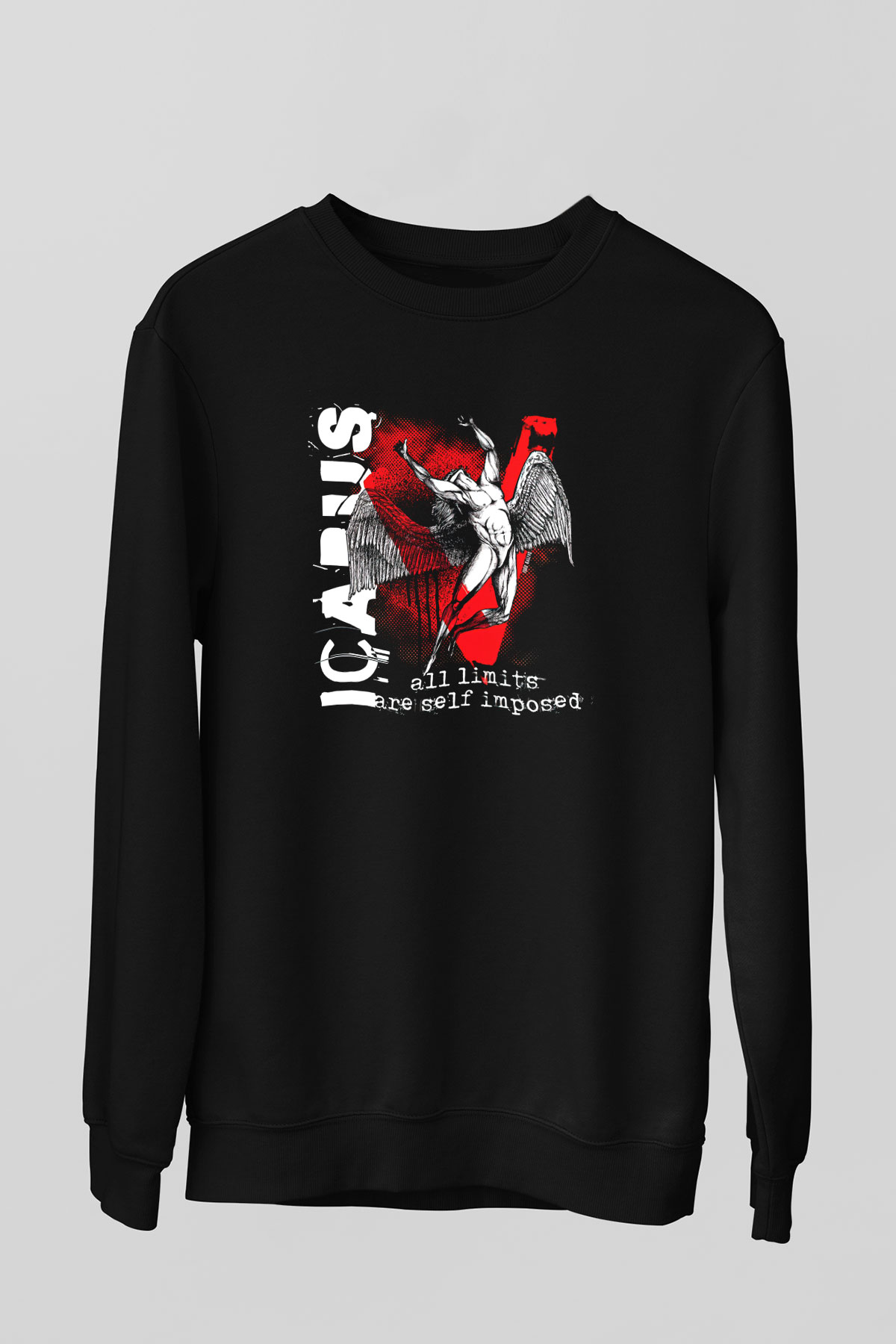 İkarus Baskılı Unisex Siyah Sweatshirt