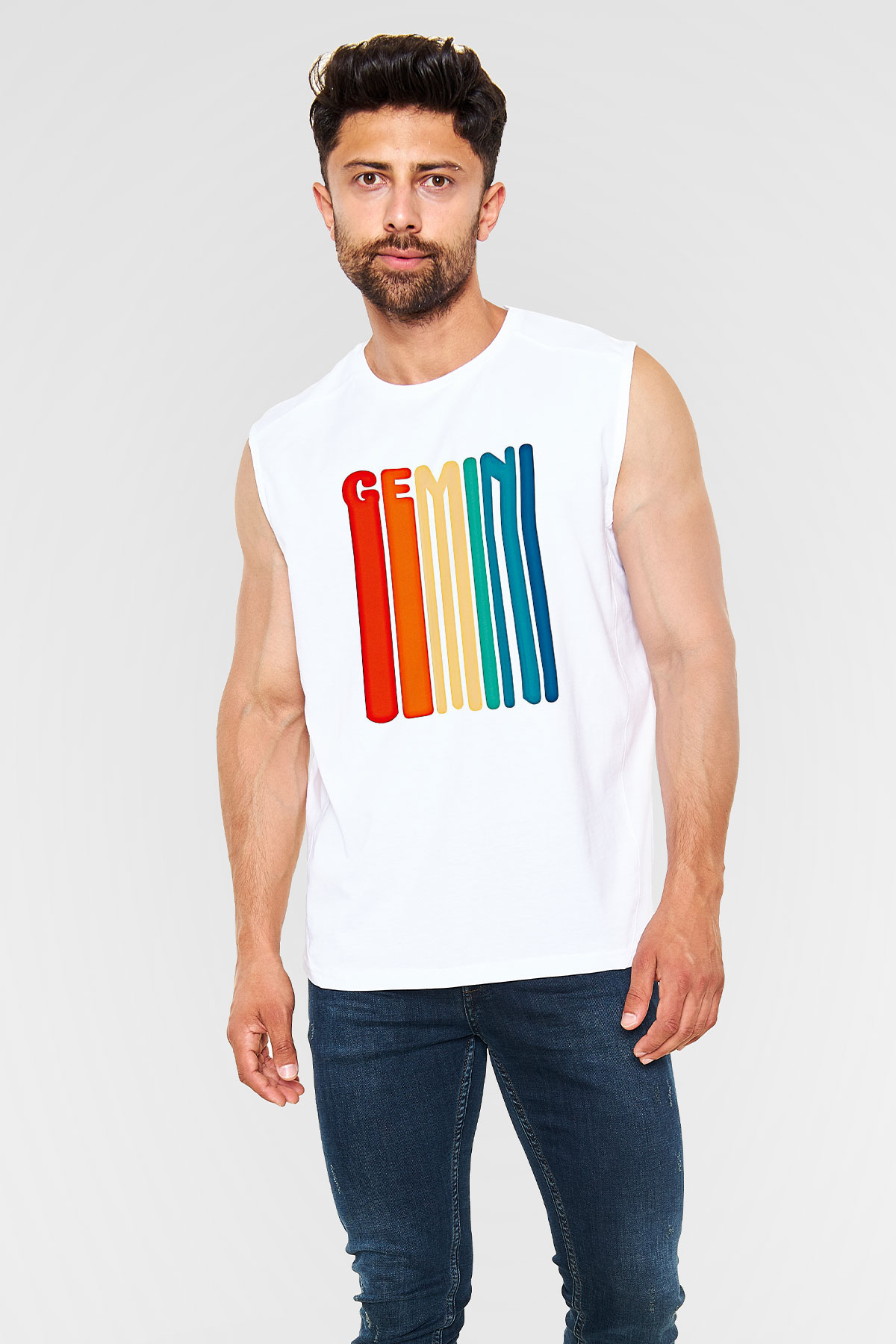 İkizler Burcu Baskılı Beyaz Unisex Kolsuz Tişört - Tshirt