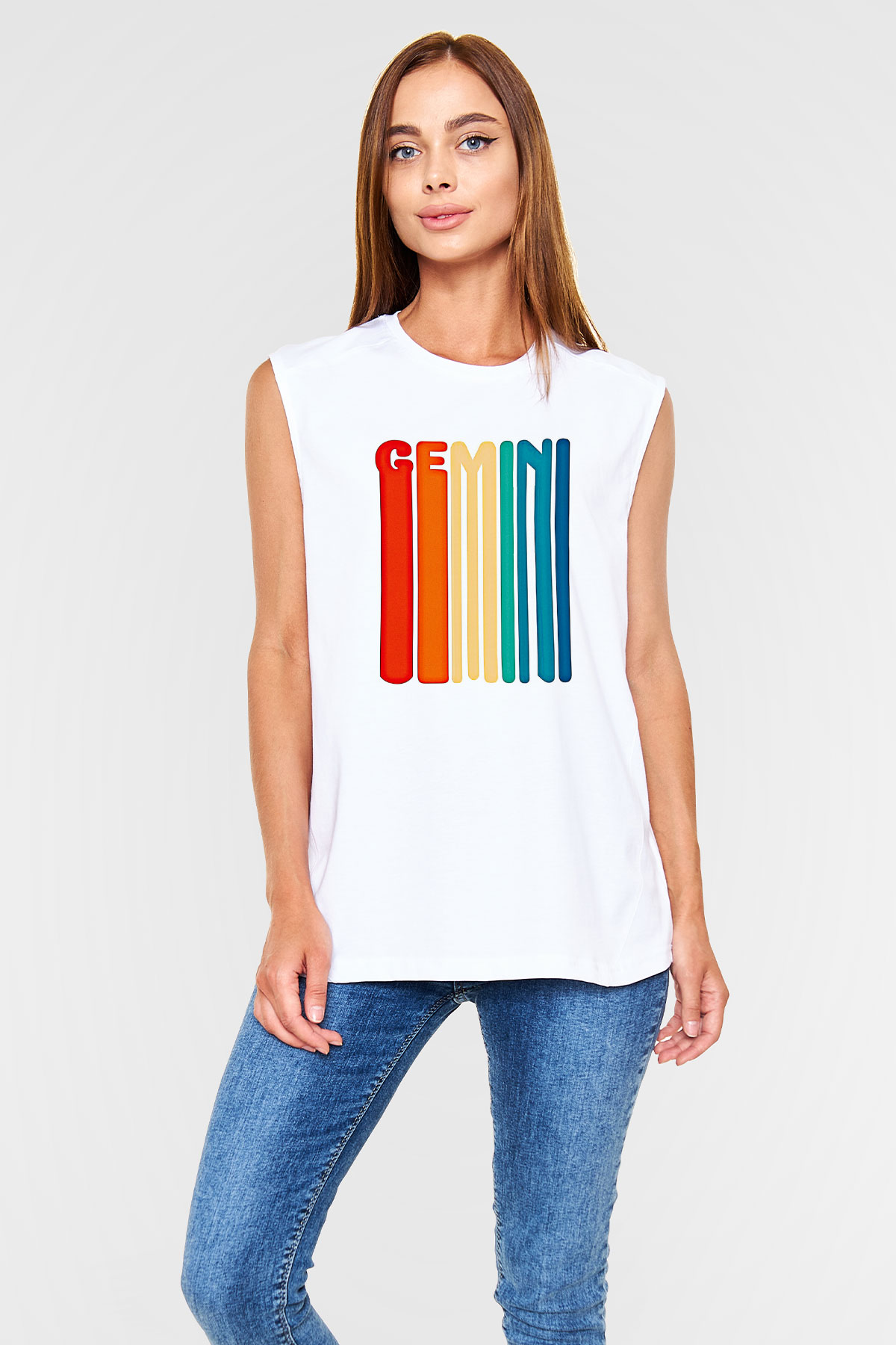 İkizler Burcu Baskılı Beyaz Unisex Kolsuz Tişört - Tshirt