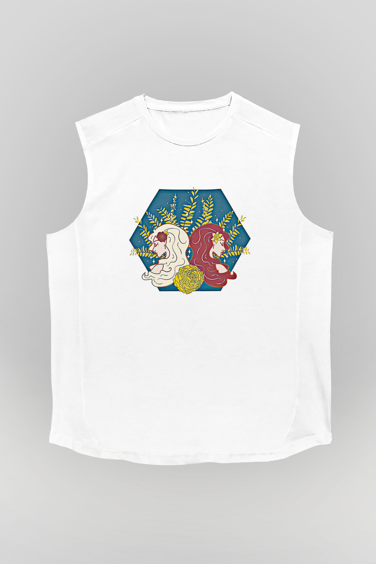 İkizler Burcu Baskılı Beyaz Unisex Kolsuz Tişört - Tshirt