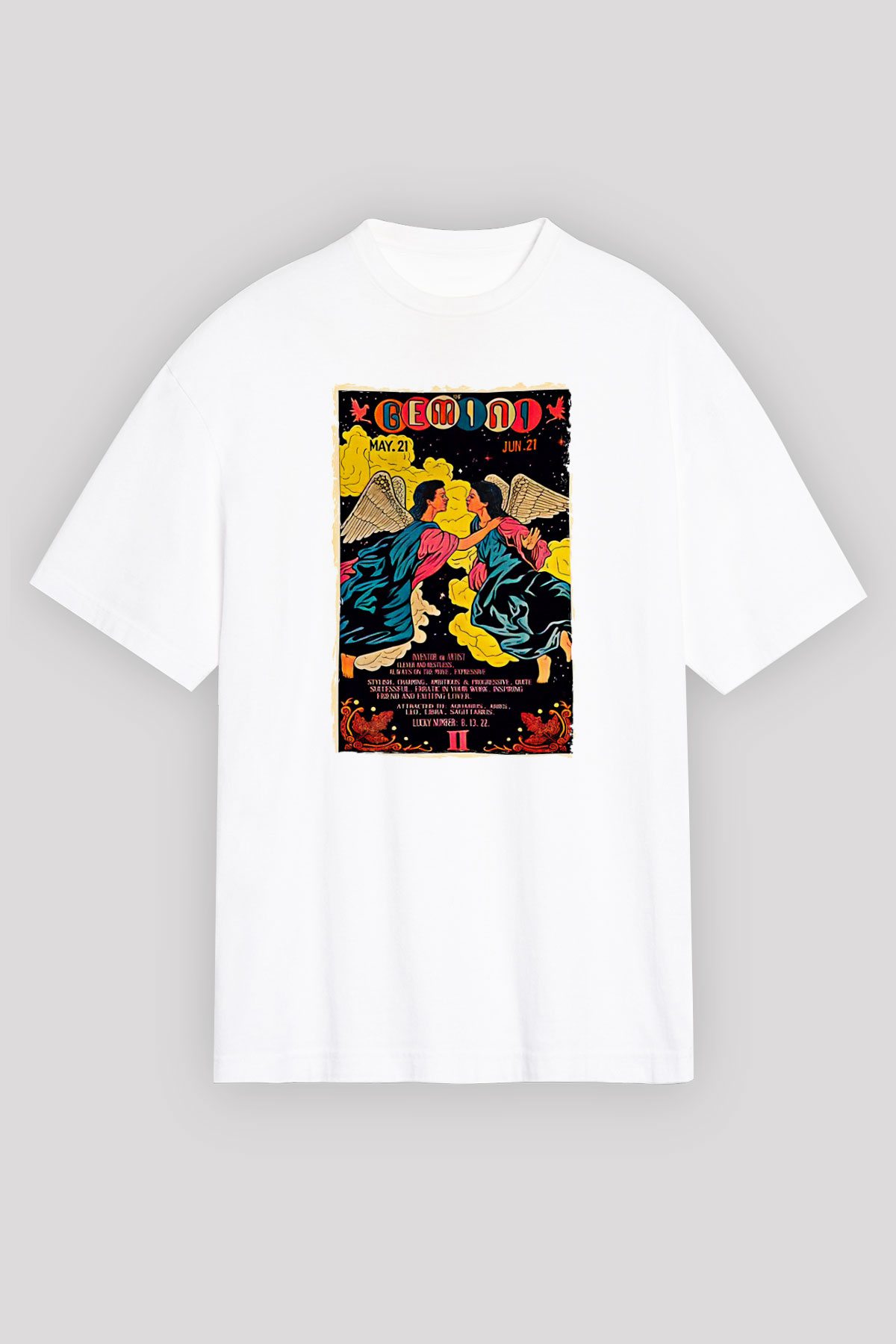 İkizler Burcu Baskılı Beyaz Unisex Oversize Tişört - Tshirt