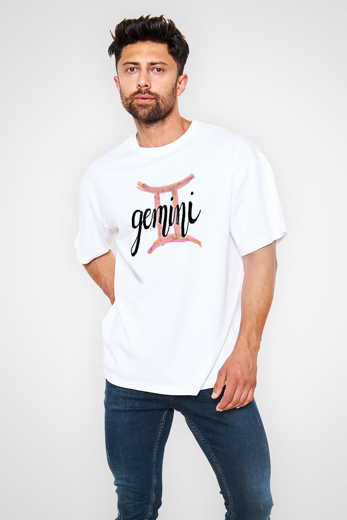 İkizler Burcu Baskılı Beyaz Unisex Oversize Tişört - Tshirt