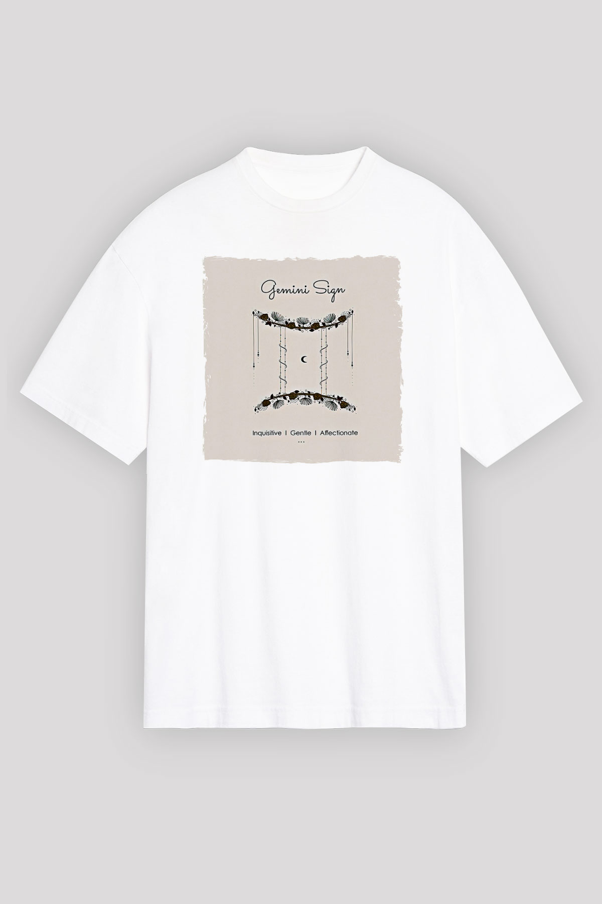İkizler Burcu Baskılı Beyaz Unisex Oversize Tişört - Tshirt