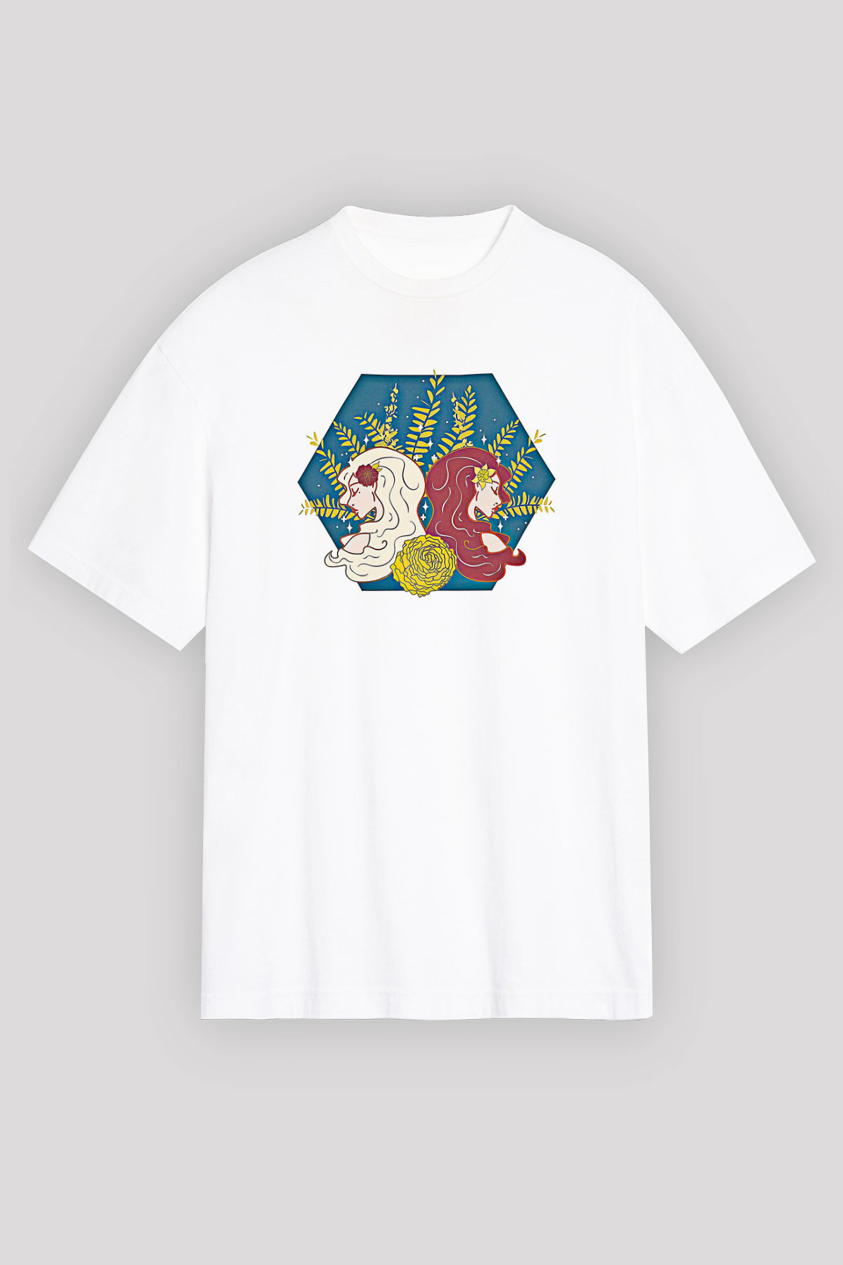 İkizler Burcu Baskılı Beyaz Unisex Oversize Tişört - Tshirt