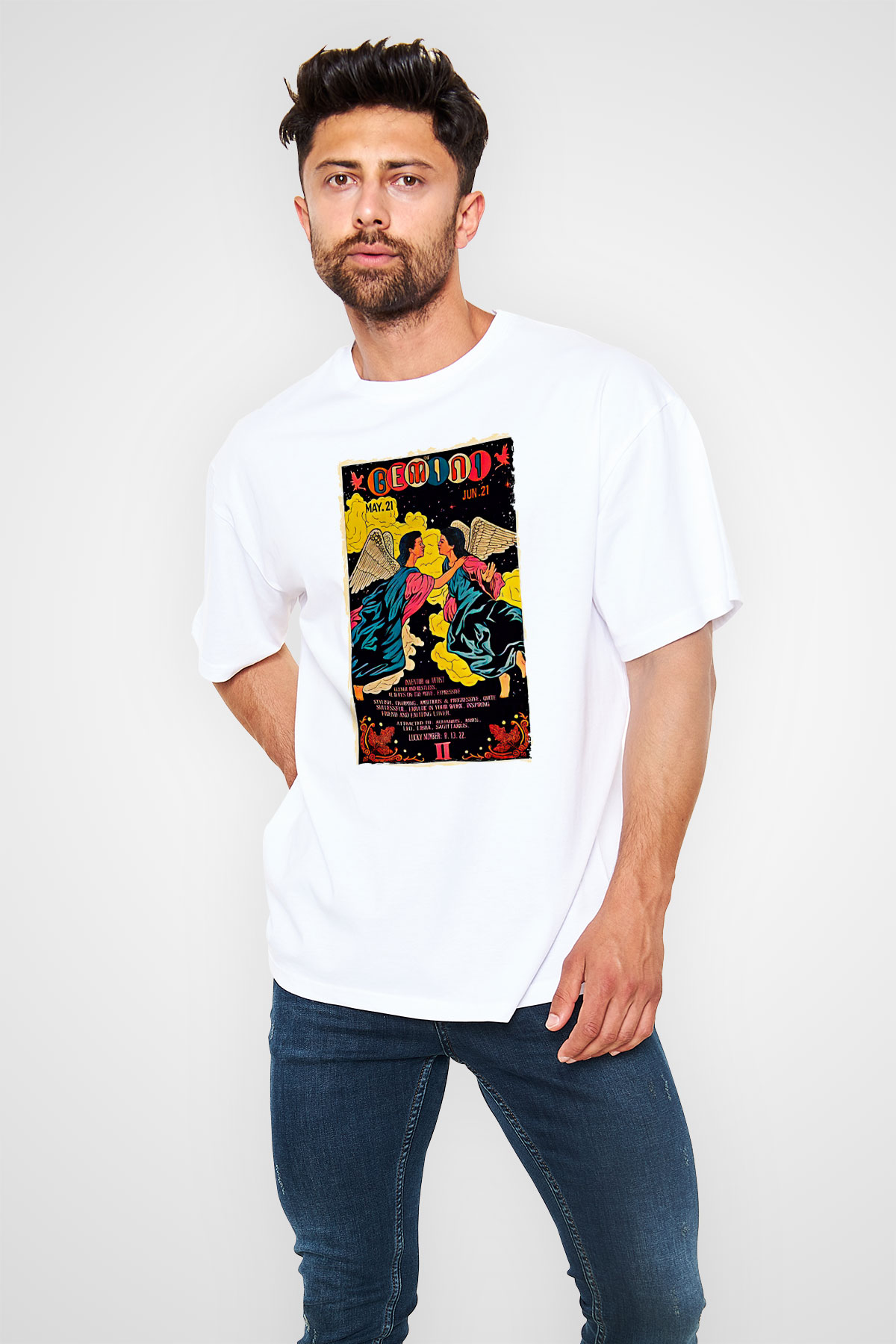 İkizler Burcu Baskılı Beyaz Unisex Oversize Tişört - Tshirt