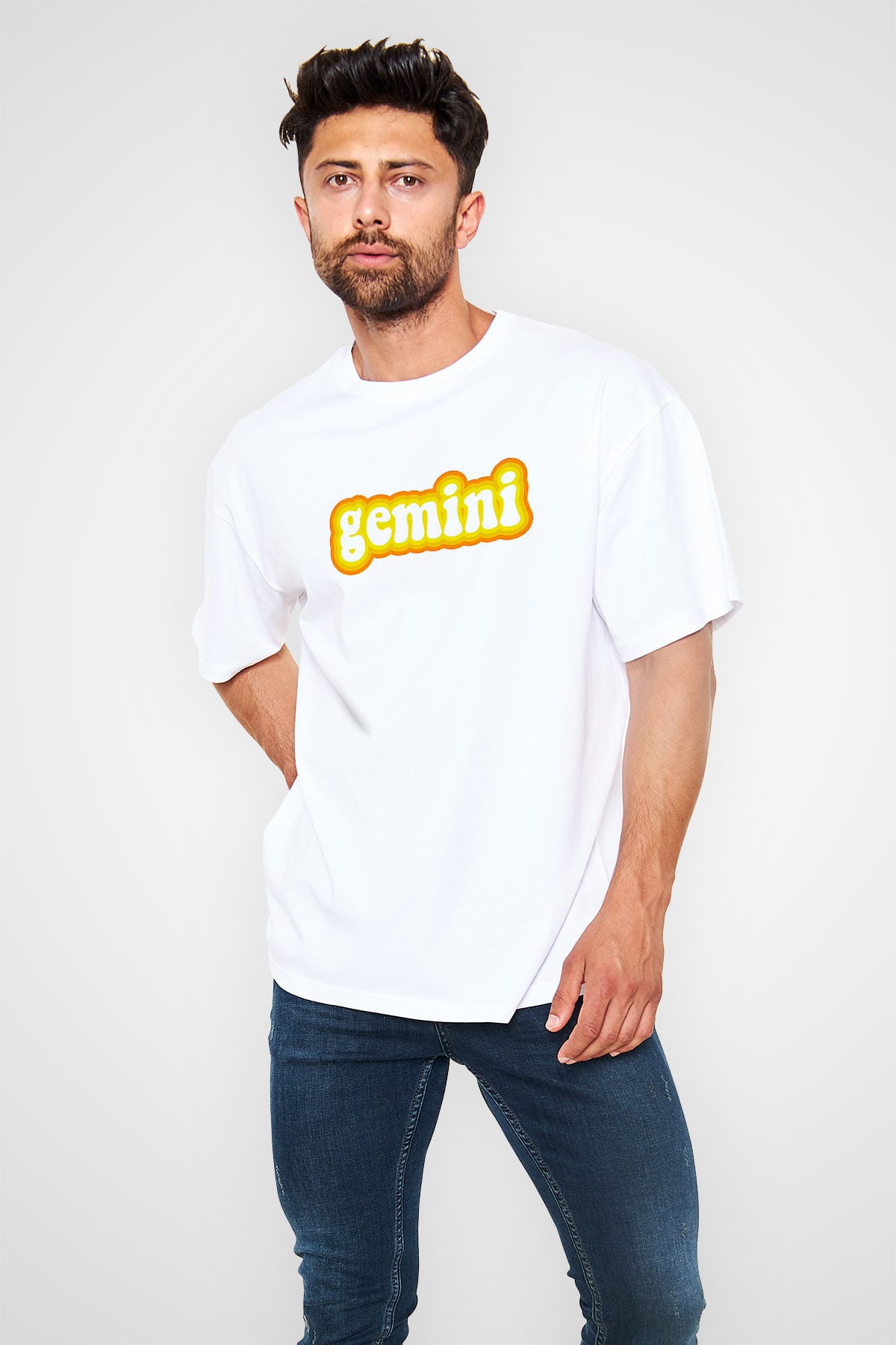 İkizler Burcu Baskılı Beyaz Unisex Oversize Tişört - Tshirt