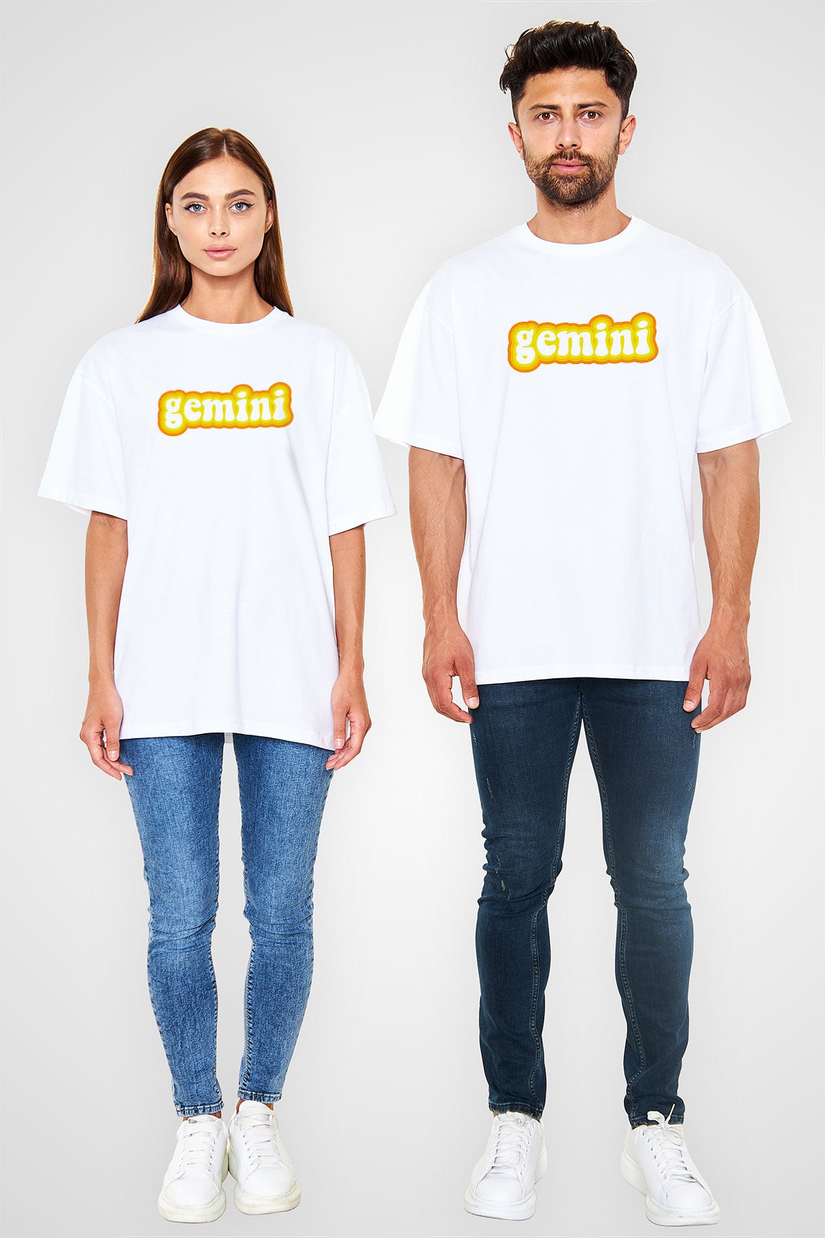 İkizler Burcu Baskılı Beyaz Unisex Oversize Tişört - Tshirt