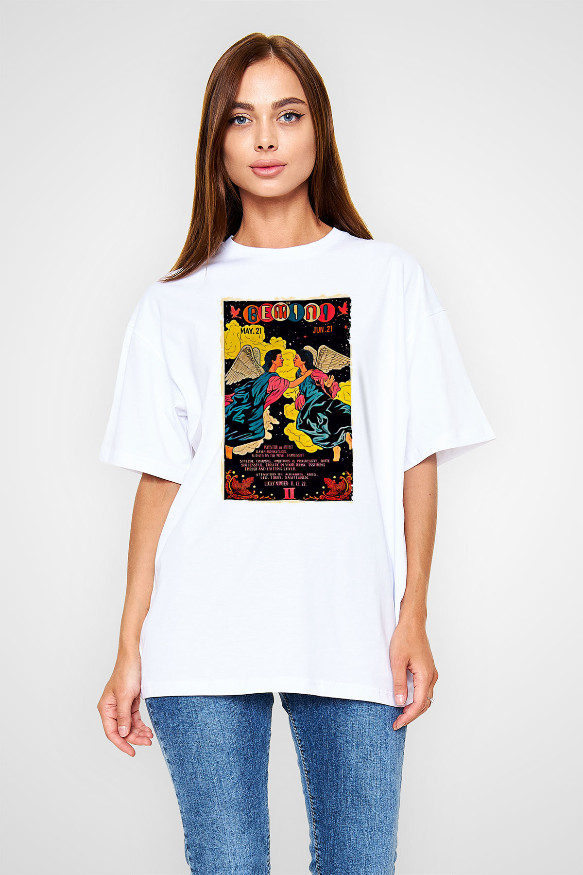 İkizler Burcu Baskılı Beyaz Unisex Oversize Tişört - Tshirt