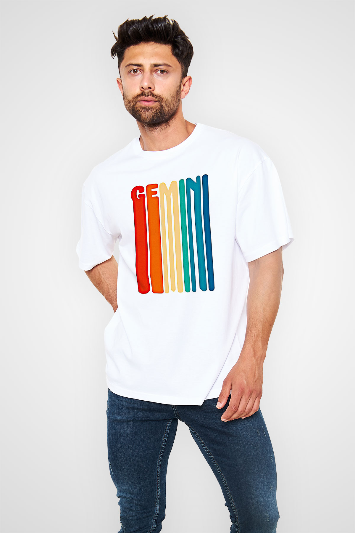 İkizler Burcu Baskılı Beyaz Unisex Oversize Tişört - Tshirt