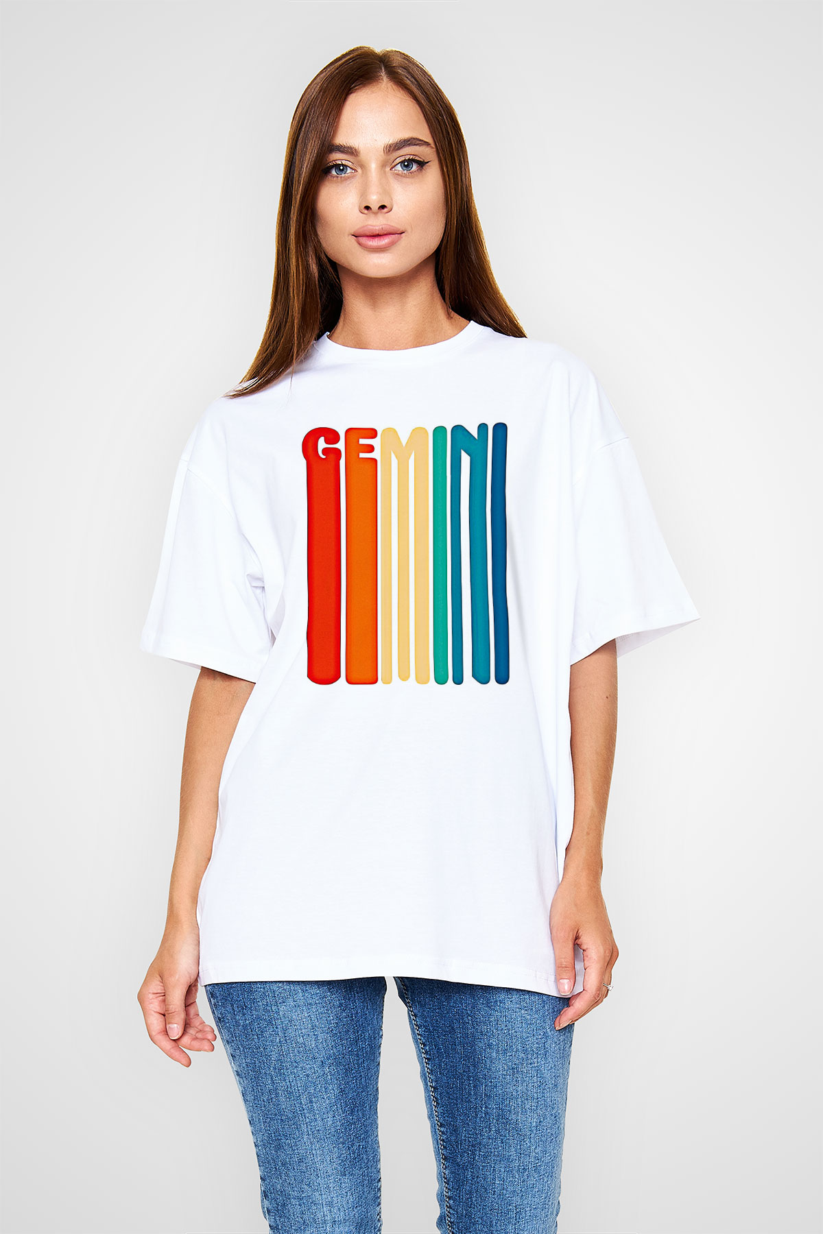 İkizler Burcu Baskılı Beyaz Unisex Oversize Tişört - Tshirt