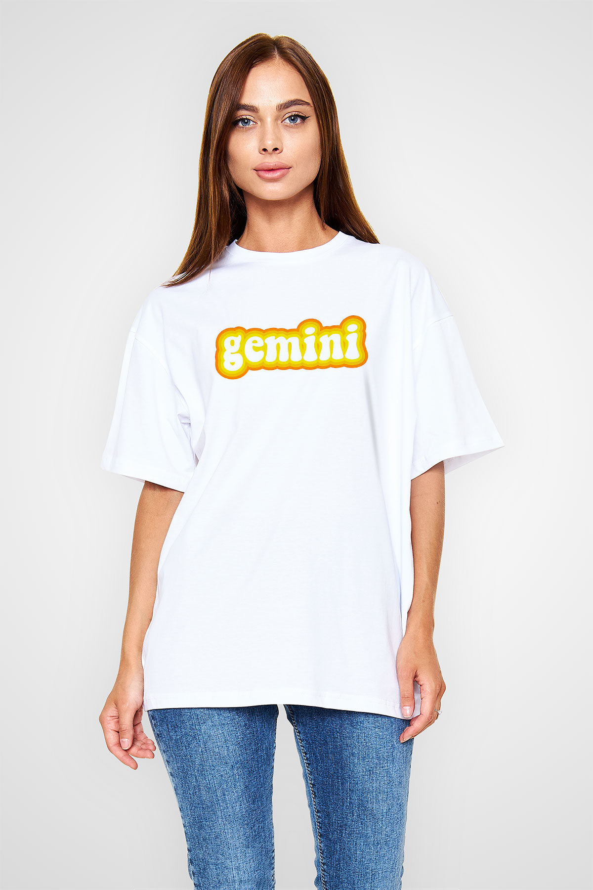 İkizler Burcu Baskılı Beyaz Unisex Oversize Tişört - Tshirt