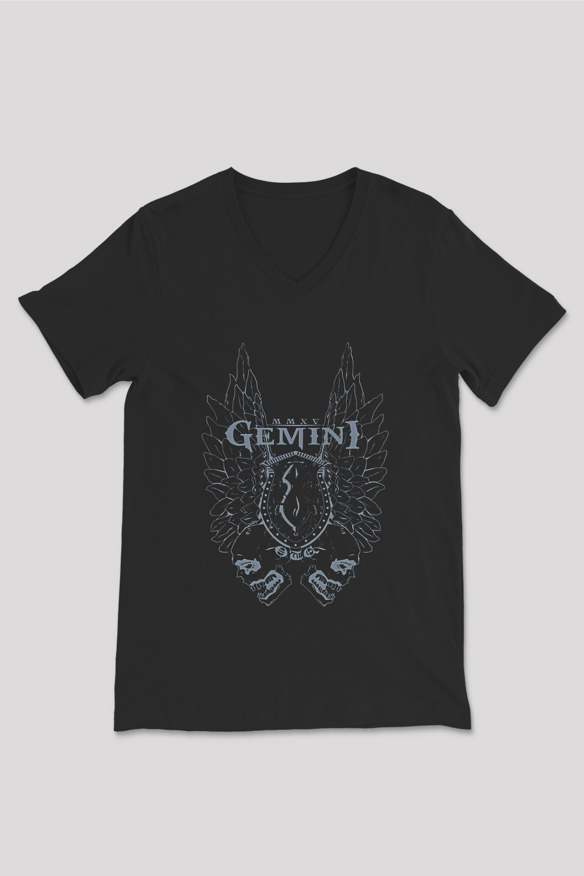İkizler Burcu Baskılı Unisex Siyah V Yaka Tişört - Tshirt