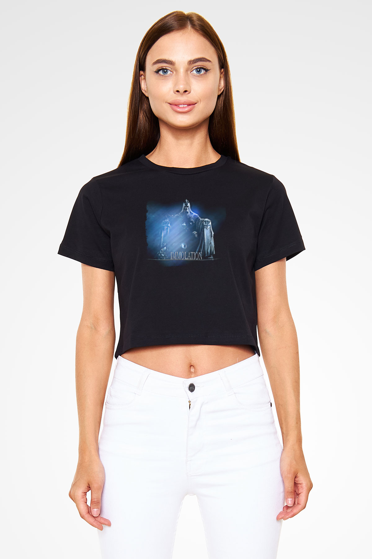 Immolation Baskılı Siyah Crop Top Kadın Tişört - Tshirt