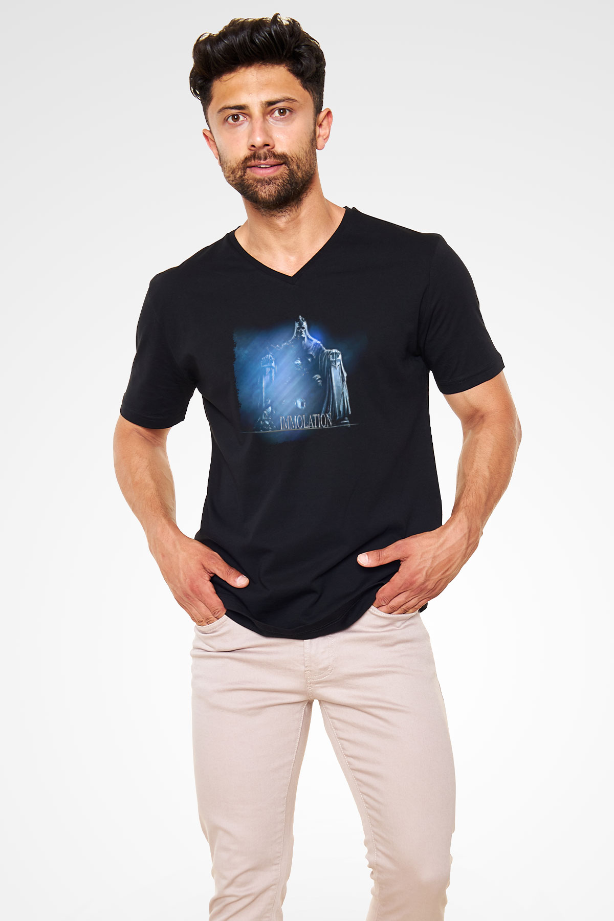 Immolation Baskılı Unisex Siyah V Yaka Tişört - Tshirt