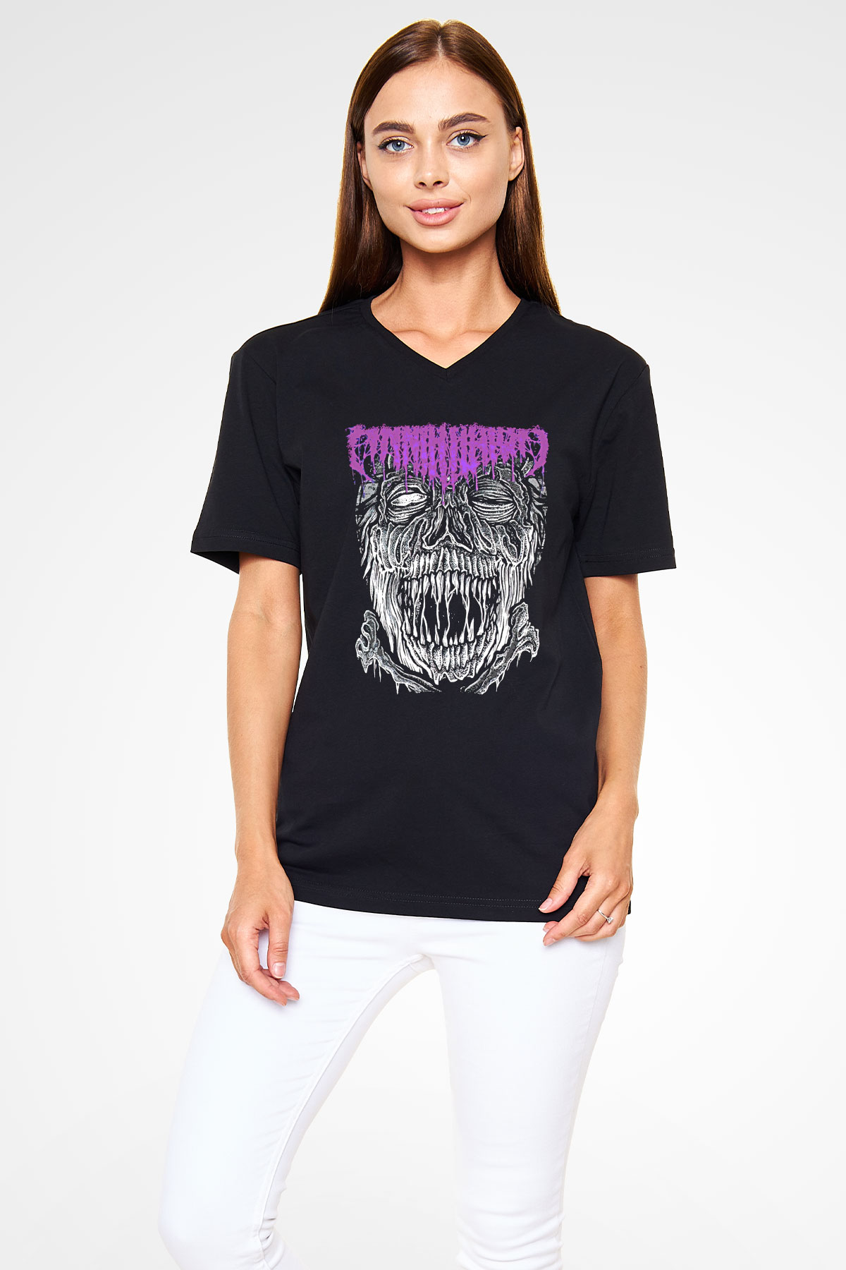 Impetigo Baskılı Unisex Siyah V Yaka Tişört - Tshirt