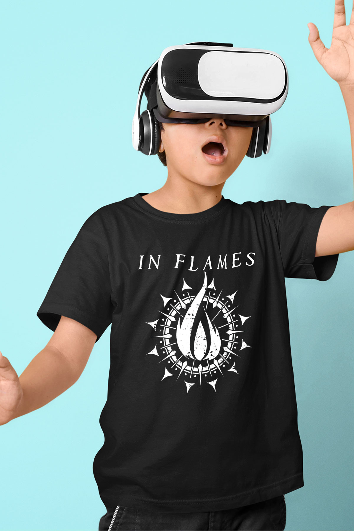 In Flames Baskılı Siyah Unisex Çocuk Tişört