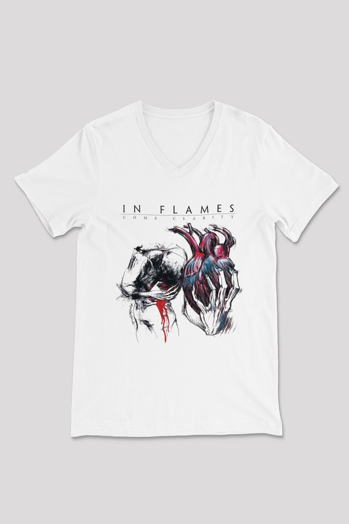 In Flames Beyaz Unisex V Yaka Tişört T-Shirt