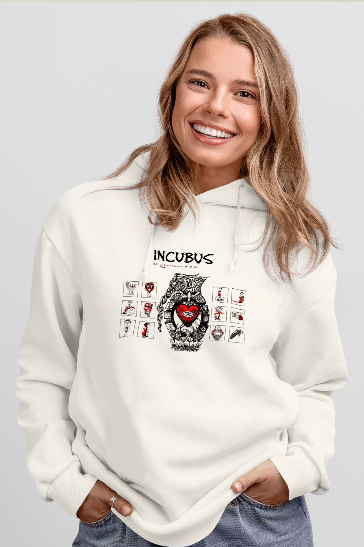 Incubus Beyaz Unisex Kapşonlu Sweatshirt