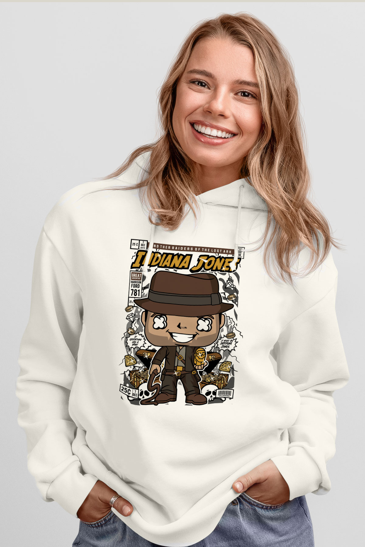 Indiana Jones Baskılı Unisex Beyaz Hoodie