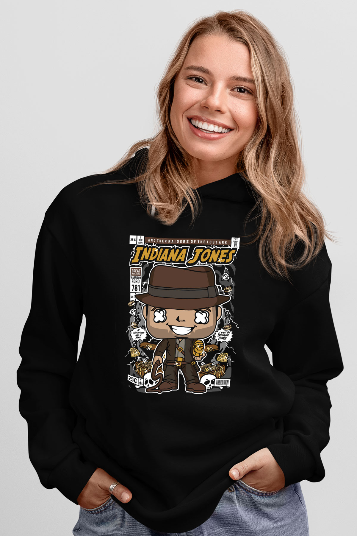 Indiana Jones Baskılı Unisex Siyah Hoodie