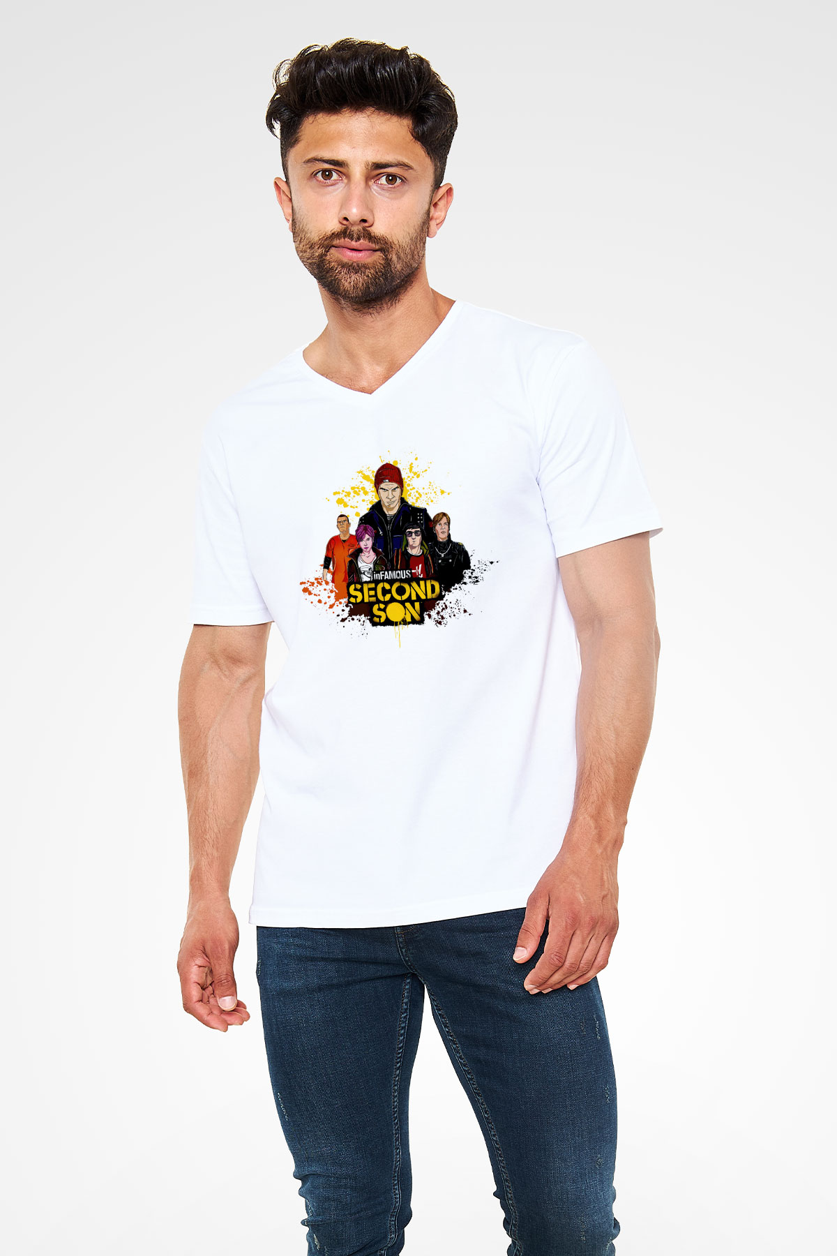 Infamous Beyaz Unisex V Yaka Tişört